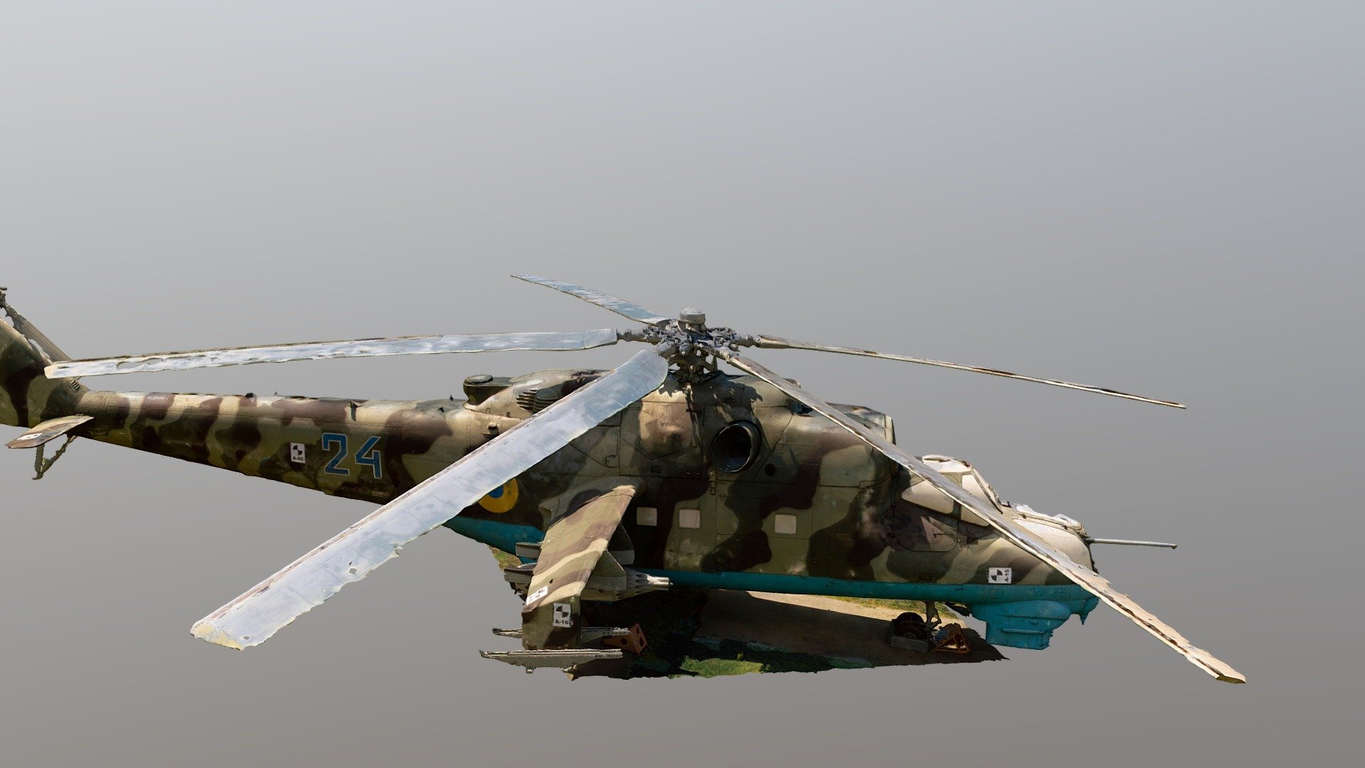 The Mil Mi-24 (Russian: Миль Ми-24; NATO reporting name: Hind) is a large helicopter gunship, attack helicopter and low-capacity troop transport with room for eight passengers. It is produced by Mil Moscow Helicopter Plant and has been operated since 1972 by the Soviet Air Force and its successors, along with more than 30 other nations.

Model was created with Reality Capture from 850 photos took on Mavic 2 Pro and Nikon D3200.