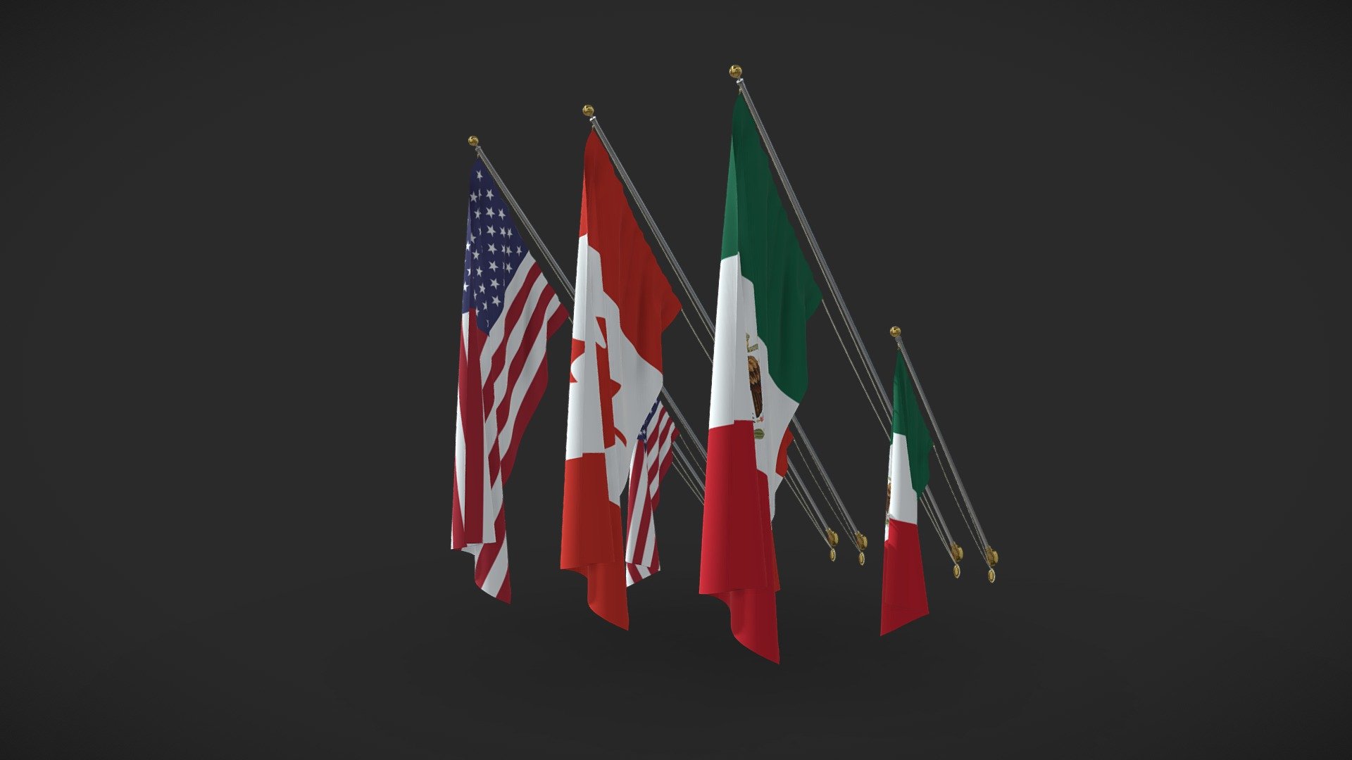 45 degree 15' Wall Mounted Flag Pole + 45 degree 8' Wall Mounted Flag Pole

About 50k poly per flag and flag pole.

Archviz Ready.
Flag Textures CC0

UV mapped, materials seperated for easy changes.