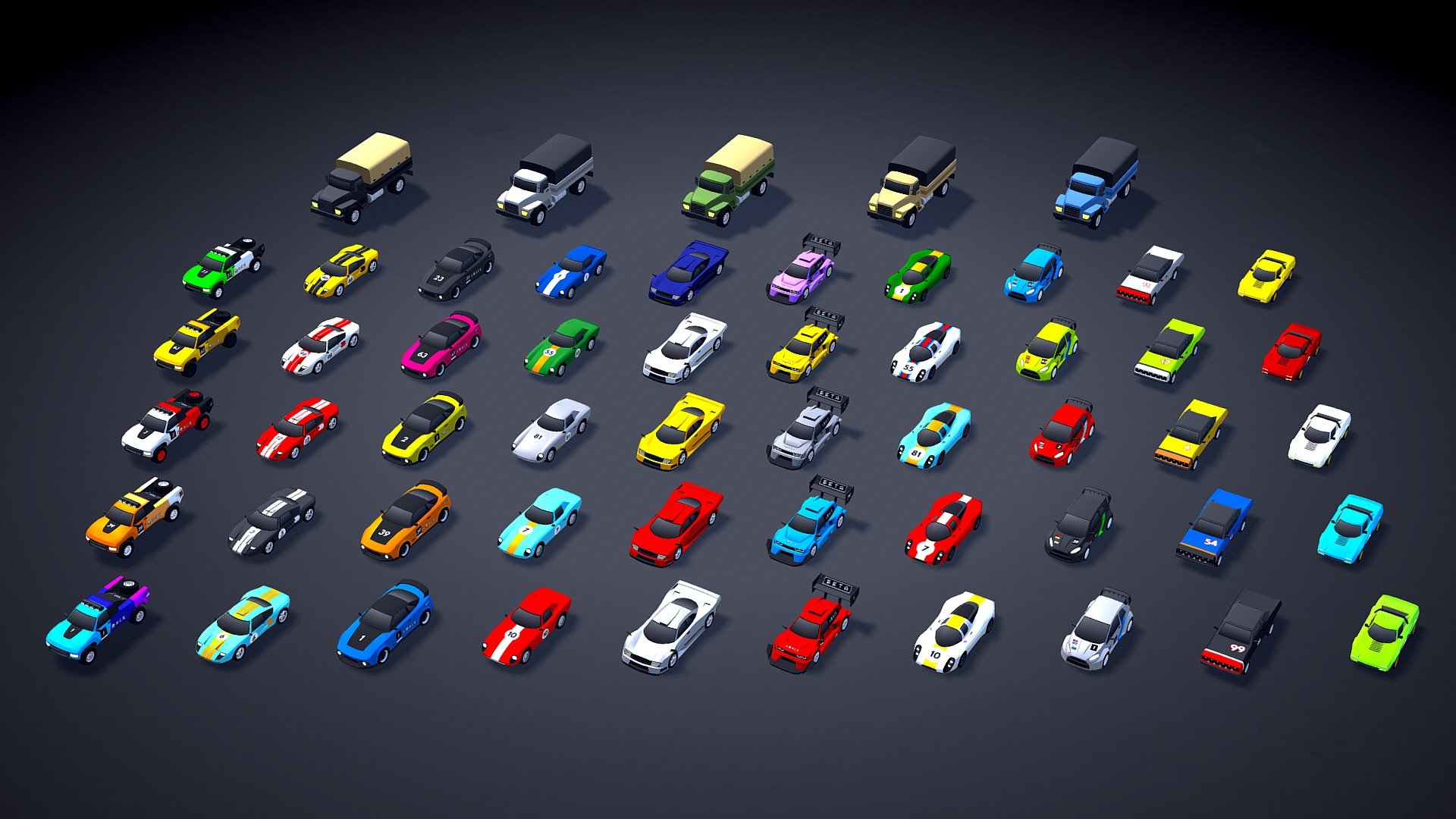 This is the (free) August update of my asset called ARCADE: Ultimate Vehicles Pack. This update will be launched on August 4th. Available in Unity3D (in the Unity Asset Store) and Sketchfab! (FBX + UNITY Files included).

The update includes 3 new vehicles (racing cars and military trucks). Moreover, I updated 8 racing cars with vinyl and decals. During the following months I will be updating all racing cars with these visual enhancements. Zoom-in and check it!

Best regards, Mena.