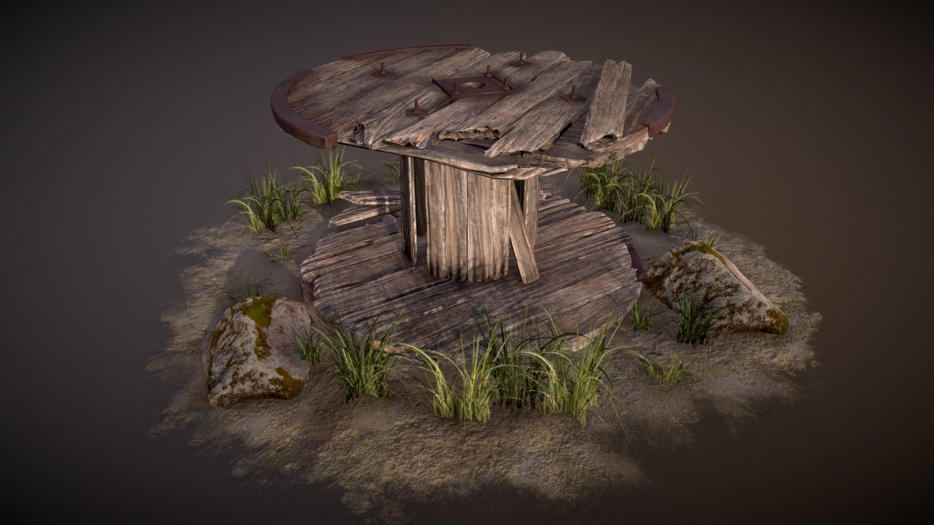 Wooden Cable Drum game asset with environment 4k PBR textures by 13Particles.