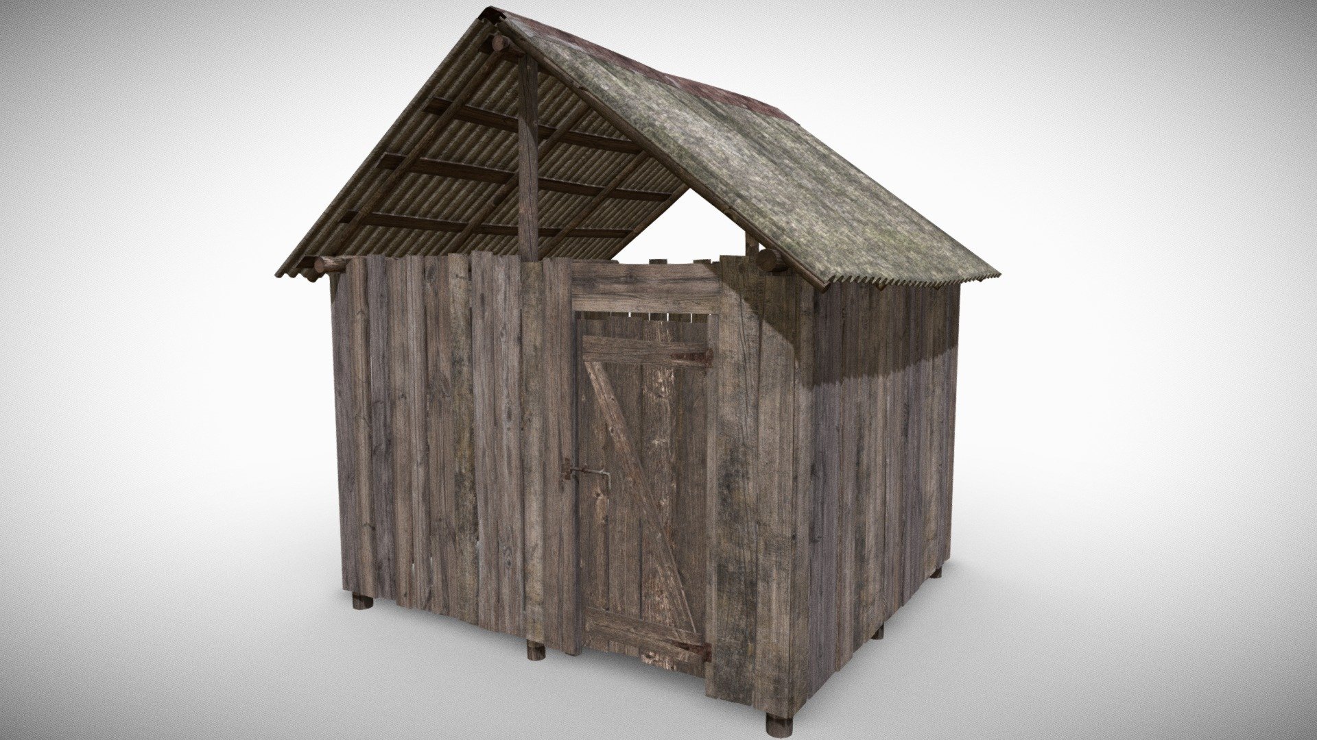 Highly detailed game ready 3d model of an old wooden shed. The building is enterable, the door is a separate object.
