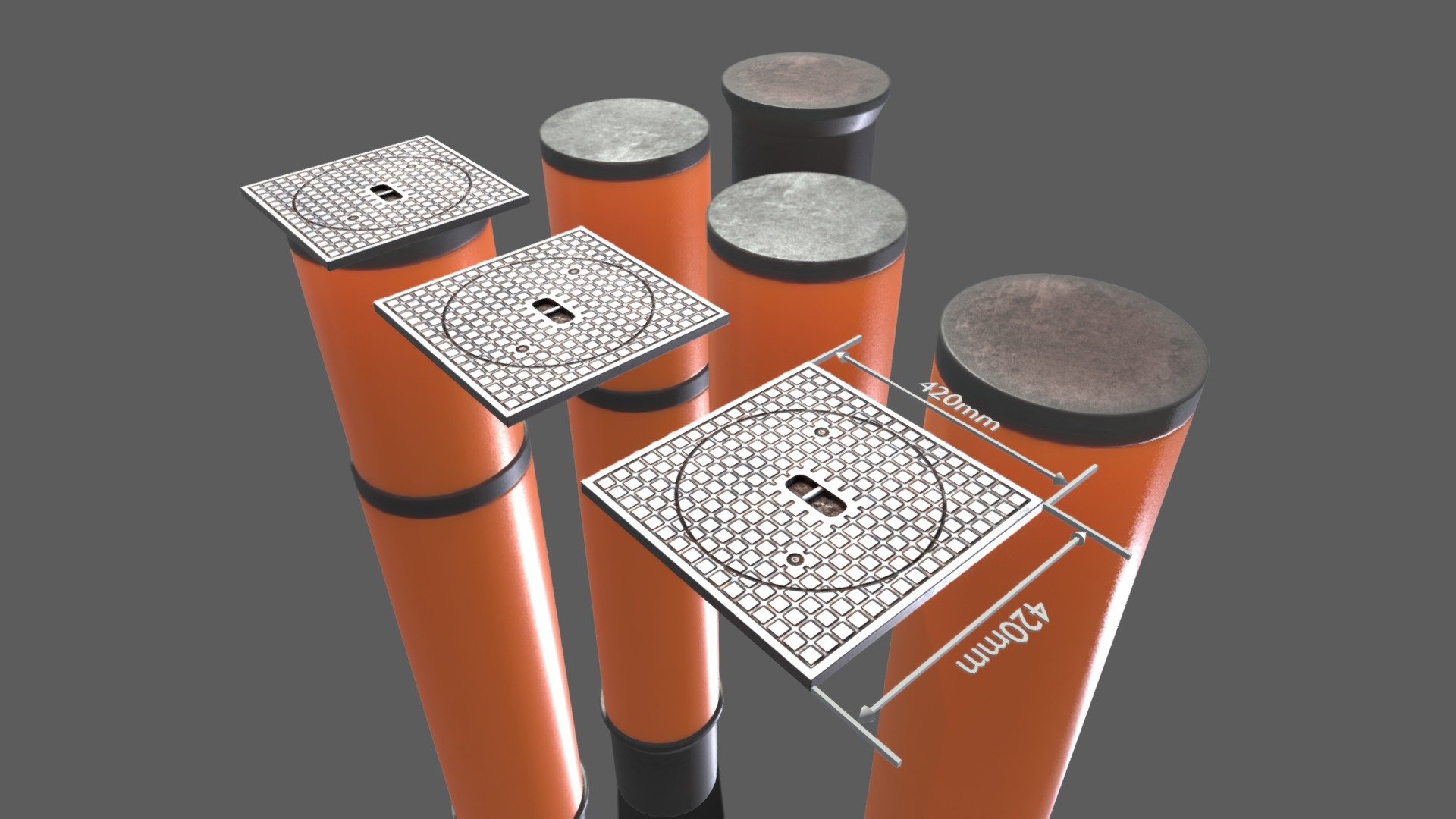 Here is the sewer cover 5 with pipes for an external visualization of a house connection shaft.









PBR-Textures = 4K (PNG)



Parts:




Name - Pipe_1 


Dimensions -  0.400m x 0.400m x 0.620m




Polygons = 218








Name - Pipe_2 


Dimensions -  0.420m x 0.420m x 1.500m




Polygons = 218








Name - Pipe_3 


Dimensions -  0.453m x 0.453m x 0.488m




Polygons = 282








Name - Pipe_4 


Dimensions -  0.420m x 0.420m x 2.607m




Polygons = 718








Name - Sewer Cover 5 Low-Poly 


Dimensions -  0.420m x 0.420m x 0.059m




Polygons = 230








Name - Sewer Cover 5 Low-Poly_Simple 


Dimensions -  0.420m x 0.420m x 0.018m




Polygons = 157








Name - Sewer Cover 5_Pipes 


Dimensions -  0.420m x 0.420m x 2.630m




Polygons = 948




