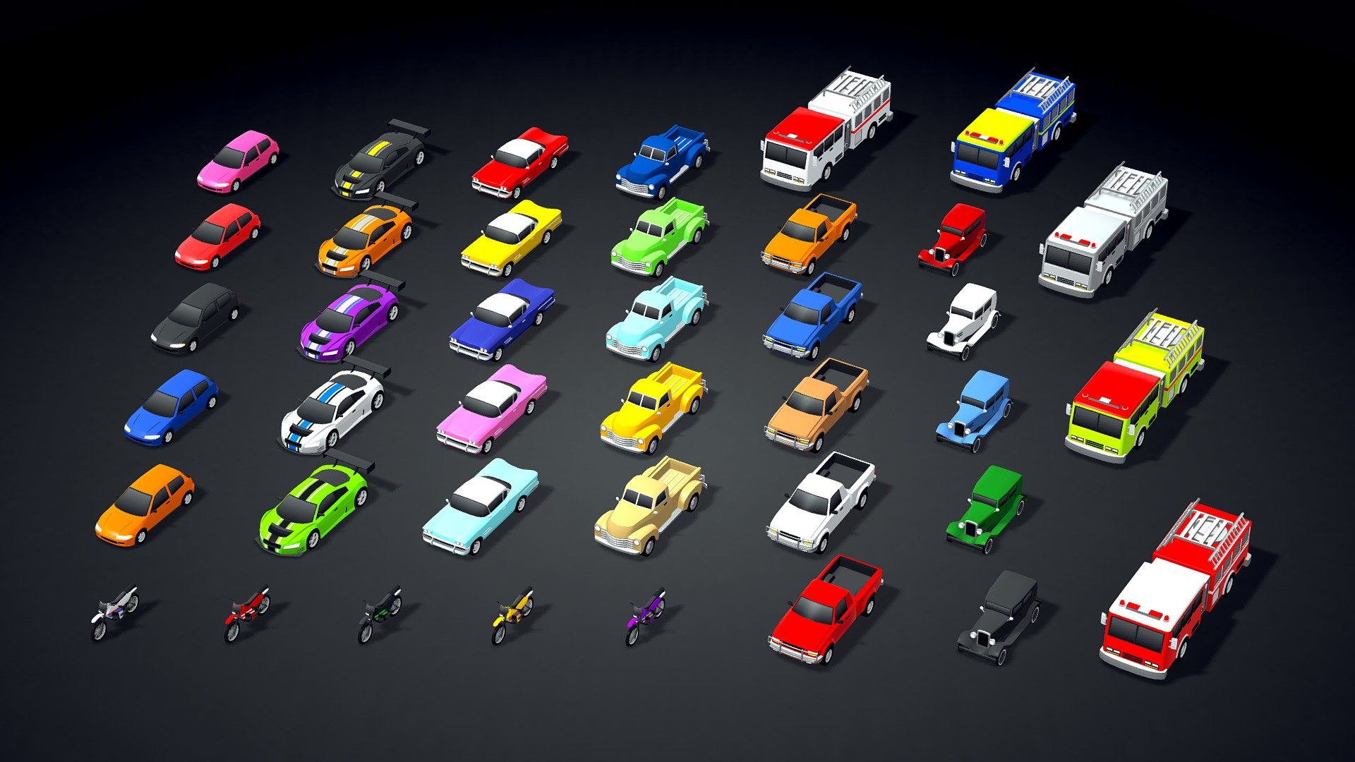 This is the FREE October update (2021) of my asset called “ARCADE: Ultimate Vehicles Pack”. It will be launched on the 1st of October 2021.

This asset is available for Unity3D (in the Unity Asset Store), Unreal Engine (in the Unreal Engine Marketplace) and Sketchfab.

The update includes 4 new cars, 2 trucks, 1 motorcycle and 1 fire truck for free.