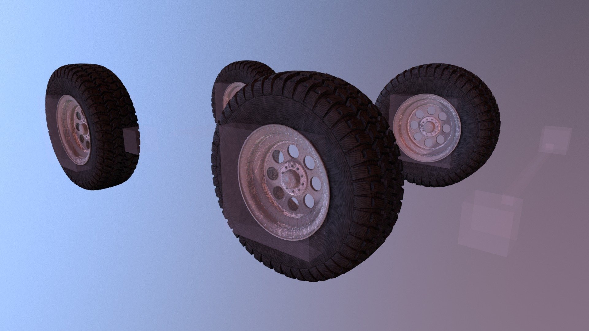 While perhaps not as visually impressive as some of my other work these simple wheels actually have an in-depth rig to allow for deformation of the tire, rotation of the wheels both to roll and to adjust direction. The front and back wheels can be detached from each other to add or subtract wheels, and more controls. This wheel rig was built with constraints as opposed to the former wheel rig I created that was made with bones. 

Specifics
Polygons: 692,970
Verts: 688,552
Software: Blender 2.79

Resources and References used
•   Modeling an offroad wheel - Blender 3D Tutorial by Zoltan Giber https://www.youtube.com/watch?v=bDx4TMKuHg4