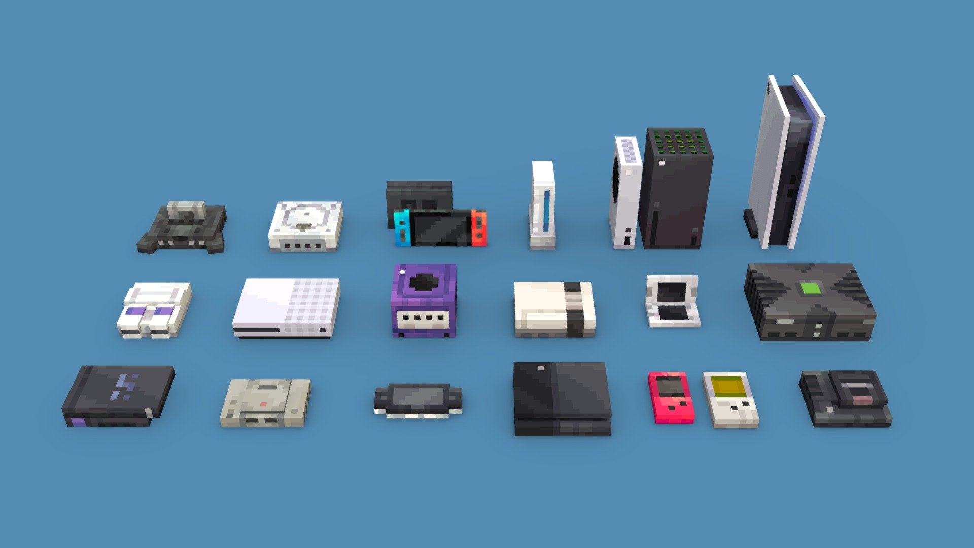 Low poly consoles from all generations, also featuring next gen Xbox &amp; Playstation.
Modeled with blockbench.



Other information:





JSON file included can be used on Bedrock Edition.




Blockbench .bbmodel project file included.


