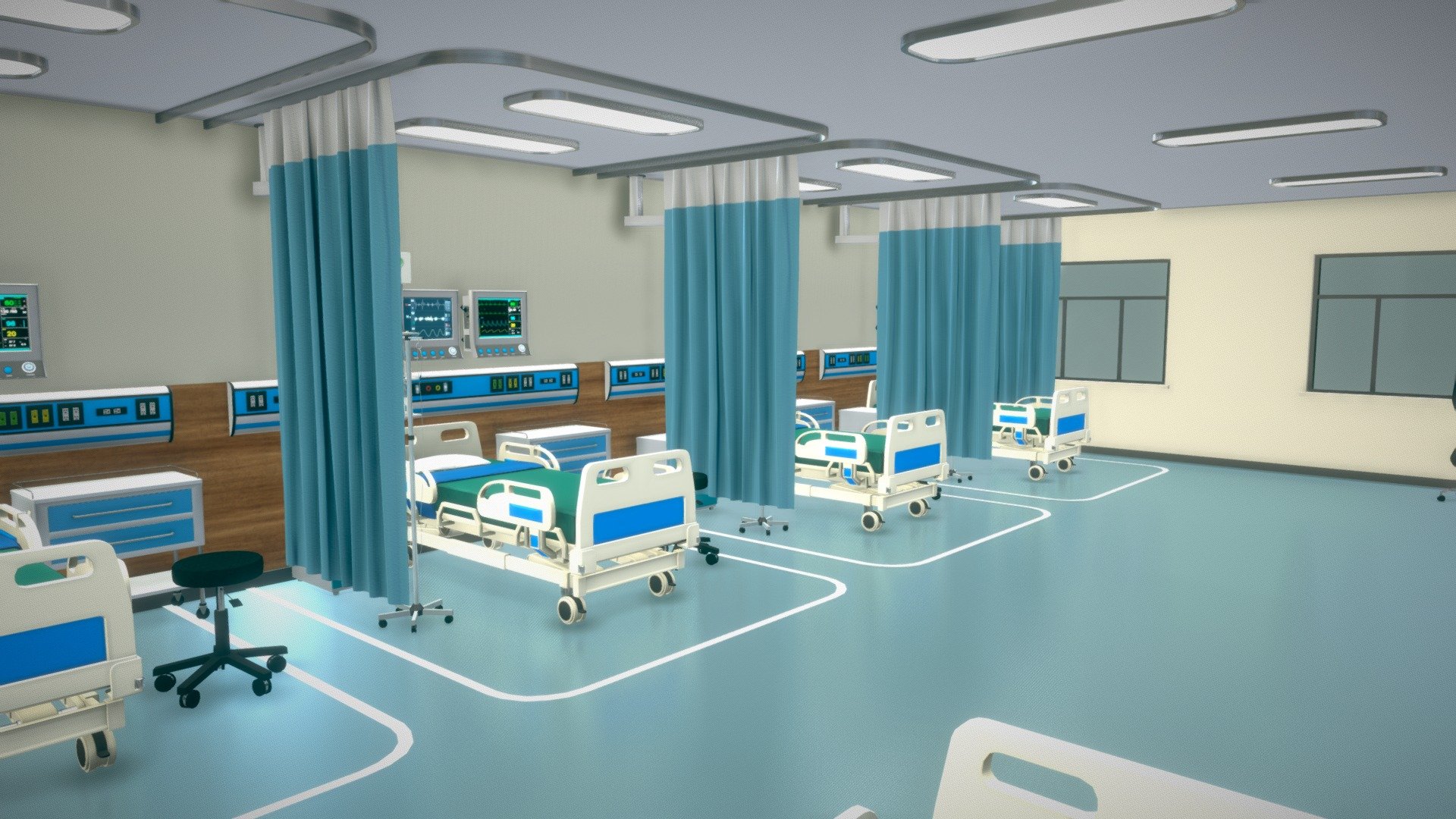 The Package is high optimized, Created with atlas Map for quick rendering.

Polygon Count:
- Bed - 20846 tris
- Bowl - 1400 tris
- Ceiling Light - 168 tris
- Chair - 5932 tris
- Computer Desk - 370 tris
- Curtain - 2038 tris
- Curtain Frame - 102 tris
- Door - 294 tris
- Droor - 284 tris
- ECG Machine - 4996 tris
- Exit Sign - 10 tris
- Glocose Stand - 3444 tris
- Medicine - 1184 tris
- Modutec Power Maquet - 6261 tris
- Monitor - 3986 tris
- Pills Case Cover - 320 tris
- Plate - 544 tris
- Plate2 - 1944 tris
- Round Stool - 1371 tris
- Shadow proxy - 50 tris
- Shell - 467 tris
- Surgery Equipment1 - 204 tris
- Surgery Equipment2 - 96 tris
- Surgery Equipment3 - 216 tris
- Surgery Equipment4 - 806 tris
- Surgery_Equipmet_trolly - 3016 tris
- Trolly Droor - 1384 tris
- TV - 76 tris
All source files are included in this package. Bright Vision Game is a team of 3D Game artists with over a decade of experience in the field. Also check out our other models, just click on our user name to see complete gallery.
