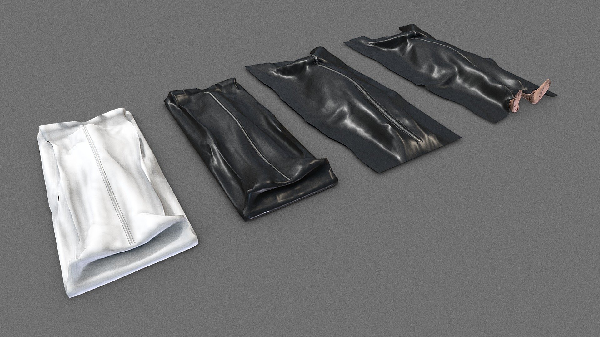 A collection of 4 bodybag variations to use any any sort of crime scene envronment. 

1x white plastic
2x black plastic
1x black plastic with bloody feet sticking out 

PBR textures @4k