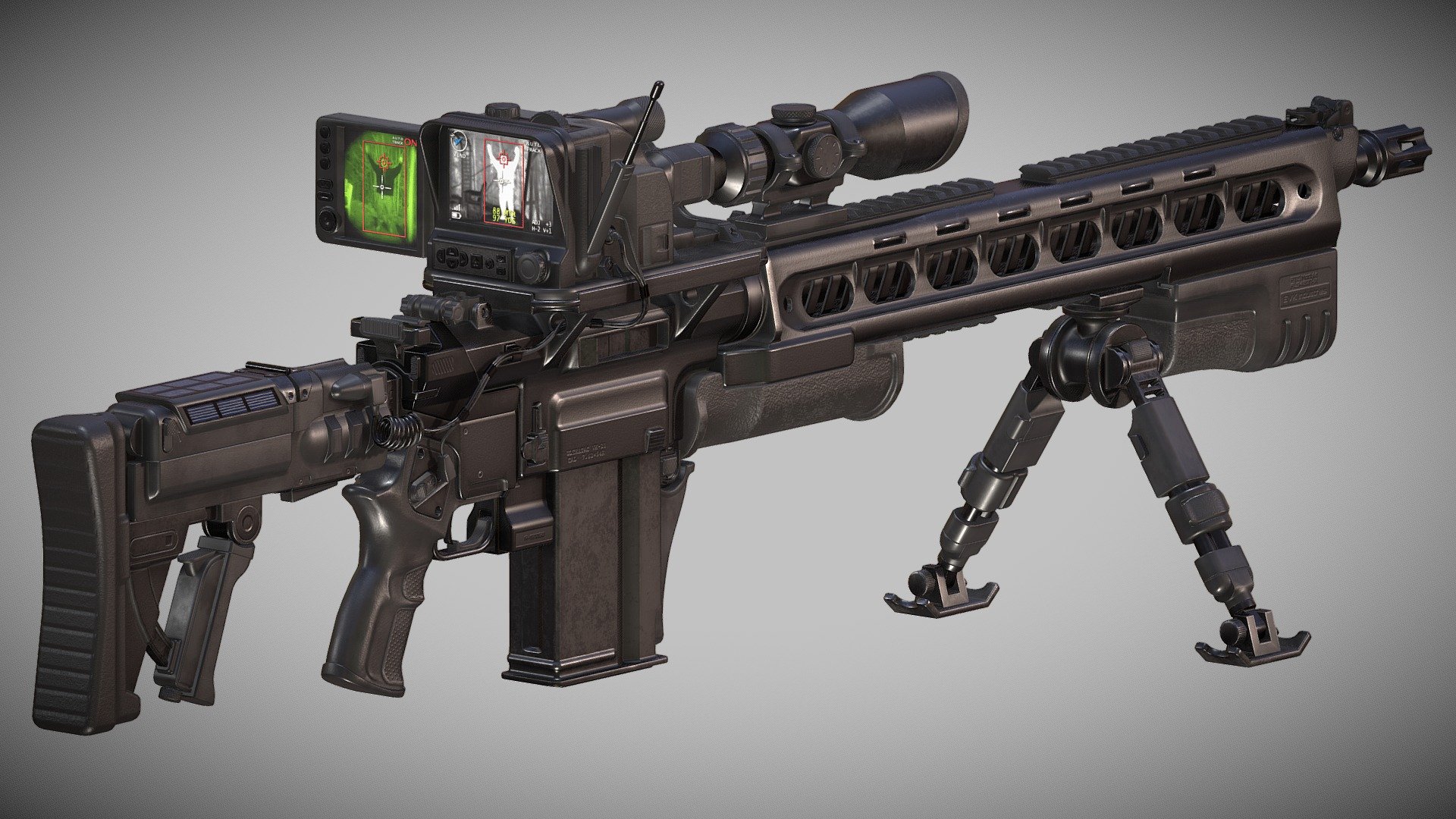 The ULTRATAC VK-21 is a fictional, ultra-tactical, semi-automatic rifle model, with a mix of functional and sci-fi concepts. Check the high quality renders of this model  on my ArtStation.

Triangles: 143.8k, Vertices: 76.2k / 4096x4096px textures /   No n-gons or overlapping uvs / Rigged with 4 poses in library.

(Includes .blend, .obj, and .fbx files.)

Among the exaggerated features, this weapon includes:





An embedded AI-Powered computer




Advanced shape recognition and tracking




Automatic trigger action




Night vision, Thermal vision, and multiple image modes




Adjustable scope with rotating lens filters




PIR sensor and rangefinder for high precision calculations




Integrated long range communication




Two screens for multi-mode tracking




Two integrated cameras




Solar battery charger cells




Ammo sensor




Quick mode selectors




And many others&hellip;



Made with Blender3D, Substance Painter and Adobe Photoshop.

Eduardo Vicenzi Kuhn
2021