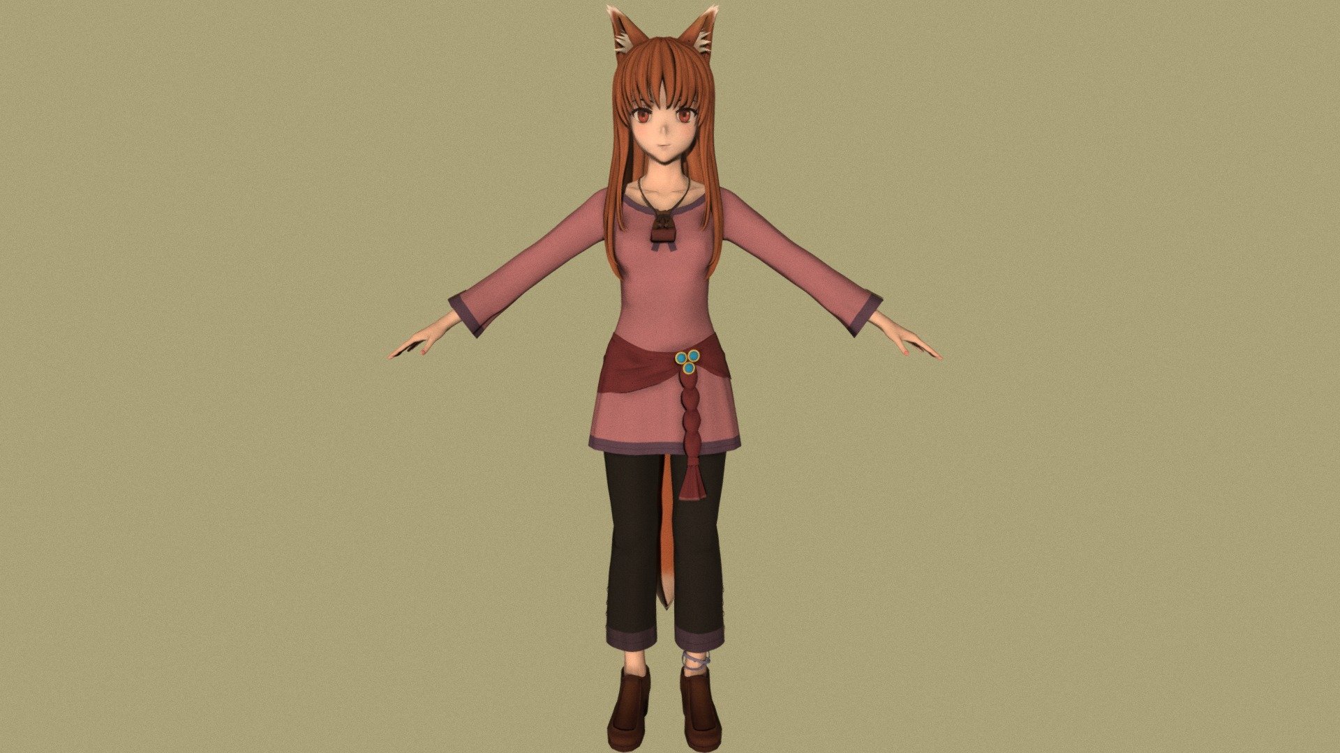 T-pose rigged model of anime girl Horo (Spice and Wolf).

Body and clothings are rigged and skinned by 3ds Max CAT system.

Eye direction and facial animation controlled by Morpher modifier / Shape Keys / Blendshape.

This product include .FBX (ver. 7200) and .MAX (ver. 2010) files.

3ds Max version is turbosmoothed to give a high quality render (as you can see here).

Original main body mesh have ~7.000 polys.

This 3D model may need some tweaking to adapt the rig system to games engine and other platforms.

I support convert model to various file formats (the rig data will be lost in this process): 3DS; AI; ASE; DAE; DWF; DWG; DXF; FLT; HTR; IGS; M3G; MQO; OBJ; SAT; STL; W3D; WRL; X.

You could purchase my model at: bit.ly/41y1JDe

And I can make commission models.

If you have any questions, please contact me via my email 3d.eden.project@gmail.com.