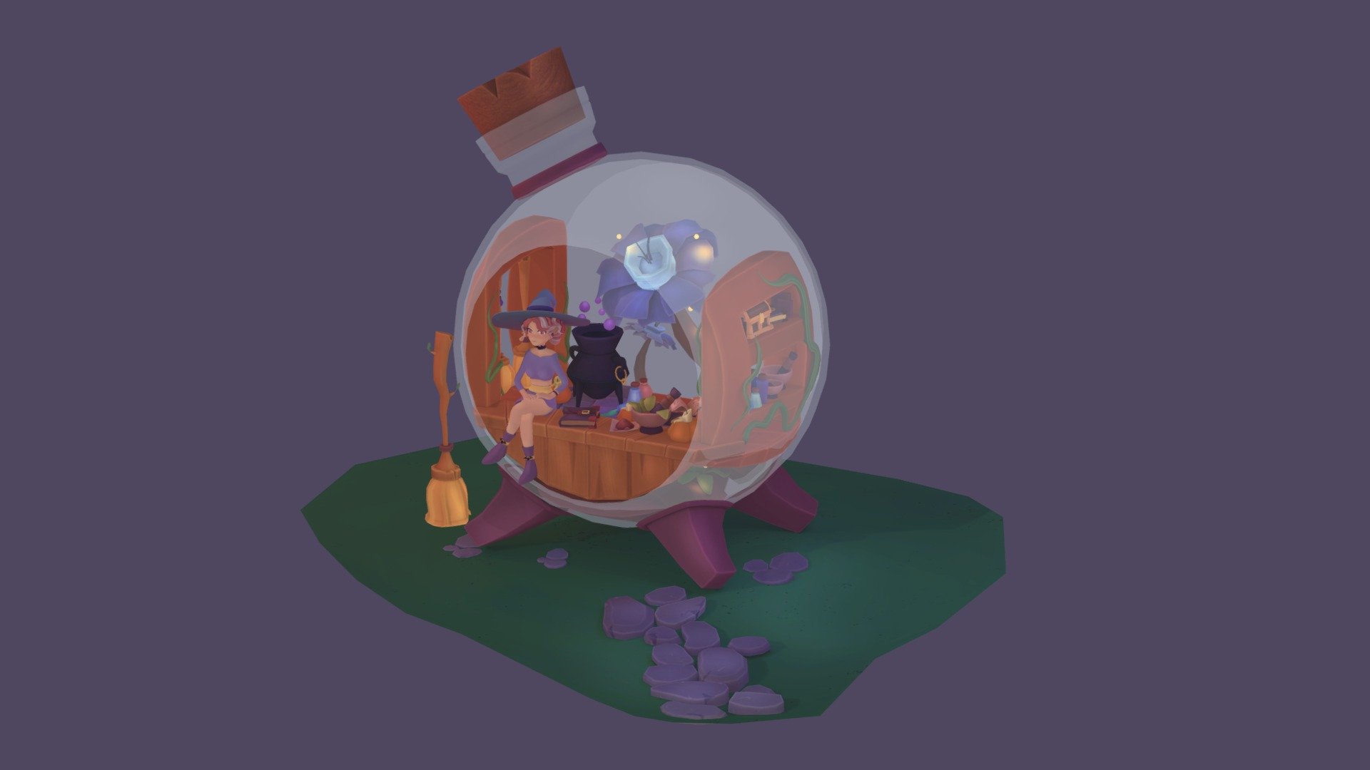 It's a cute magical bottle known as the Magic Shop. 
The Blender simulation software was used. 
Texture painted in 3D Coat, SubstancePainter, Photoshop (HandPaint)
This is a scene made for Halloween 2022.