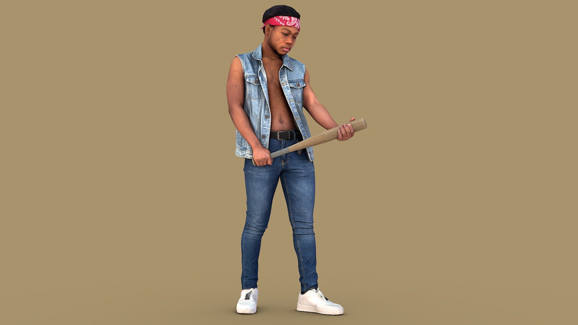 Follow us on Instagram 😎

✉️ A young man with a naked torso, a guy in a bandana, a denim vest and jeans, holds a baseball bat with both hands, is plotting something.

🦾 This model will be an excellent mid-range participant. It does not need to be very close and try to see the details, it reveals and demonstrates its texture as much as possible in case of a certain distance from the foreground.

⚙️ Photorealistic Casual Character 3d model ready for Virtual Reality (VR), Augmented Reality (AR), games and other real-time apps. Suitable for the architectural visualization and another graphical projects. 50 000 polygons per model.

RWXF41