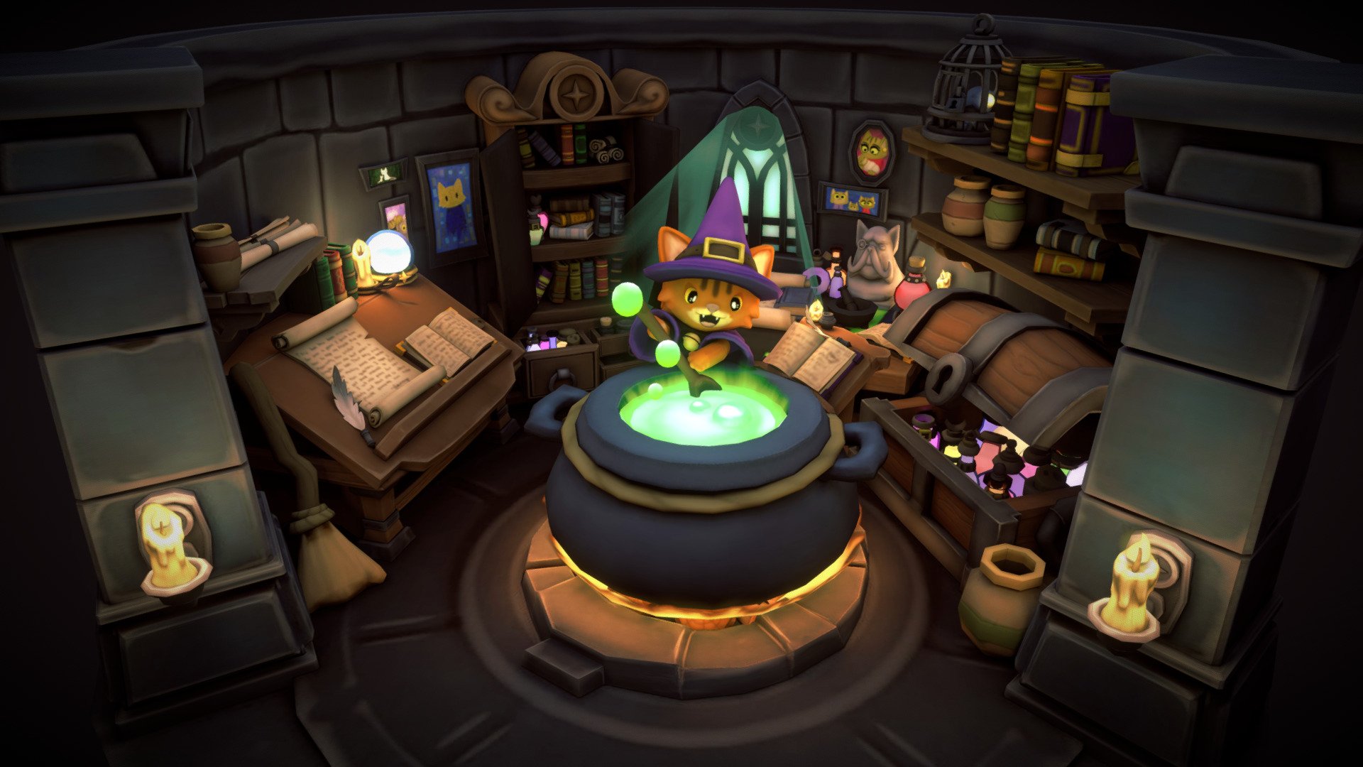 **Here we have a cat that is working on a new potion. What is it for? Who knows? **

Things I've learned for the project




Baking Stuff in Blender

New Pipeline Techniques to speed up the process

More Handpainting Methods

Not worry about who sees your work

I also wanted to thank my little brother, Dave! He gave me some tips with Blender! I also want to thank one of my friends for suggesting the funny features of the statue in the model. Gracias Guardian! 

I wanted to start posting my work with what I've learned so I can go and look back on them. Anyways, thanks for reading and for the 30+ followers! I won't be posting for a while so I can understand the Unreal engine more. Until then, I'll see you around!