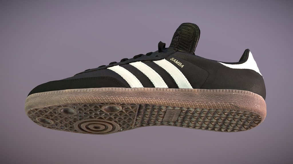 Adidas Samba soccer/football shoe, 3D scanned with a turntable, lots of polarized lights, and a single A7R (613 photos)

Cleanup and retopology to quads in ZBrush. PBR workflow in Photoshop to create specularity, roughness, and metal maps.

High polygon (~3.2M poly) version of model and textures is included.

Full textures are 8K x 8K and low poly textures are at 2K x 2K.