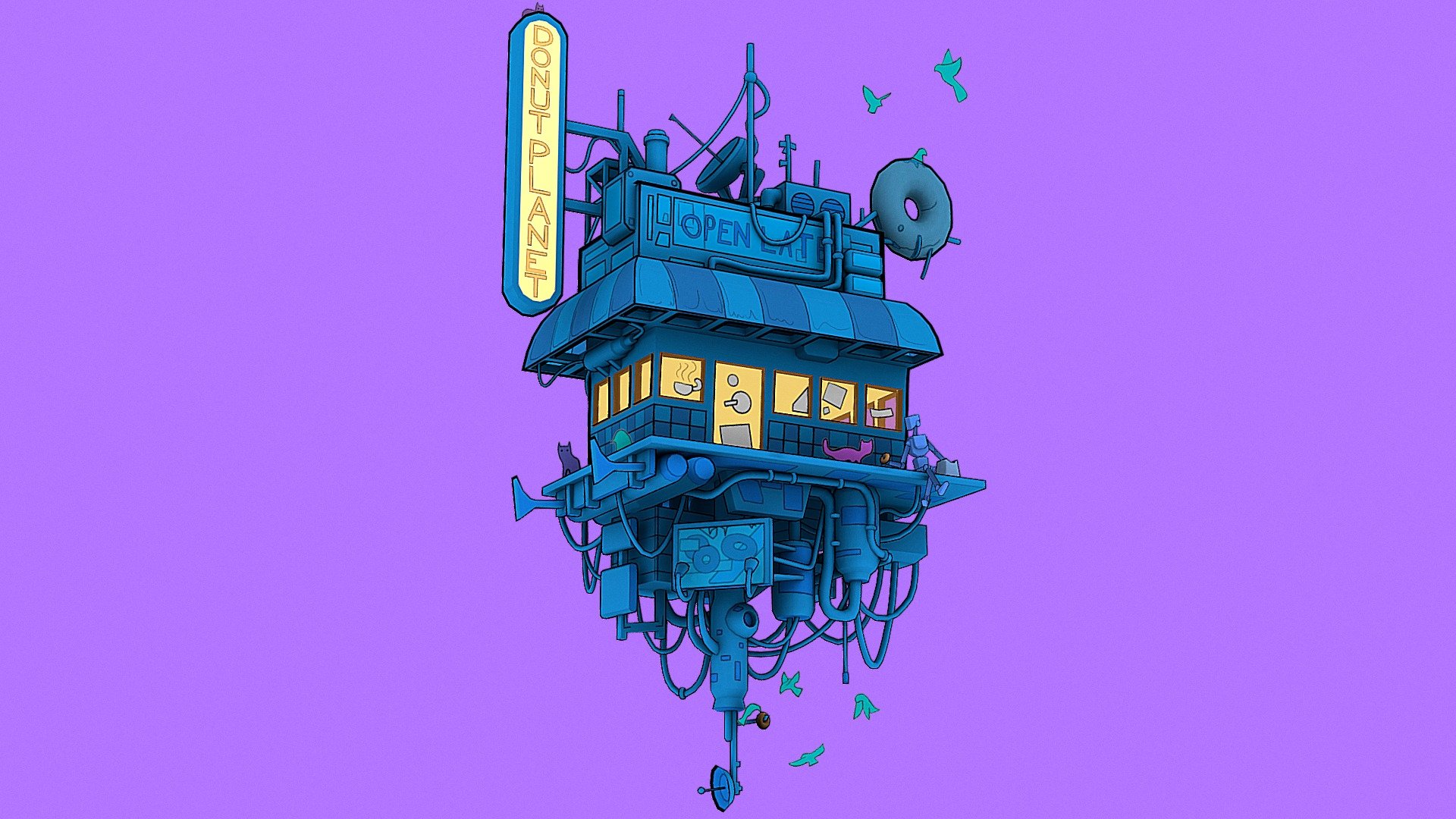 

Handpainted Futuristic Donut Cafe that I made for the seventeenth week of #SketchfabWeeklyChallenge.

Or as I named it - &ldquo;a lot of wires and birds