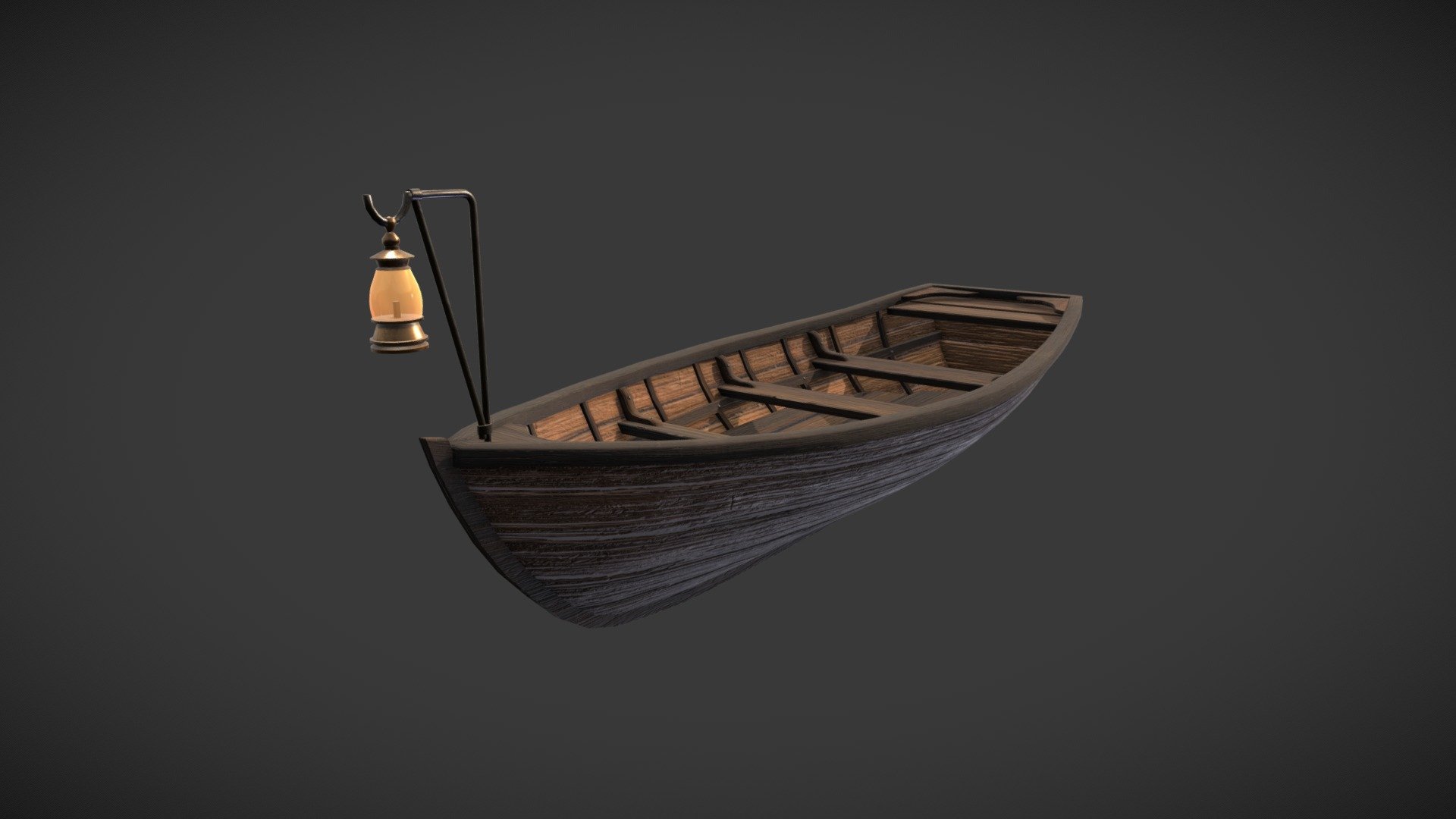 Old wooden boat with 3 seats that has seen a lot of use.