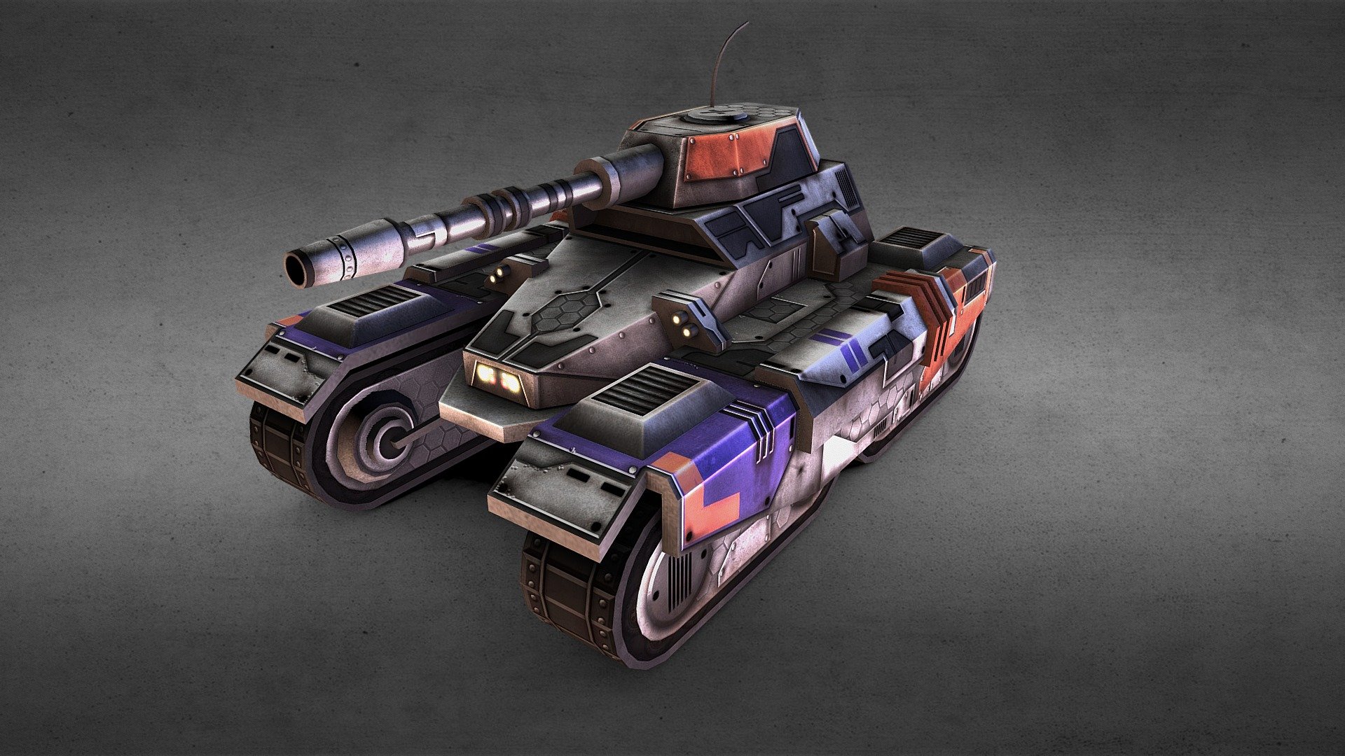 Stylized low poly model of a sci-fi tank. The main gun is separate from the tank body so it can be rotated. The model uses a 2048 x 2048 diffuse and glow map.

Tank treads are NOT animated
Treads are portrayed via texture- if you wish to animated them it must be with an animated texture or new geometry.

FORMATS- FBX and OBJ