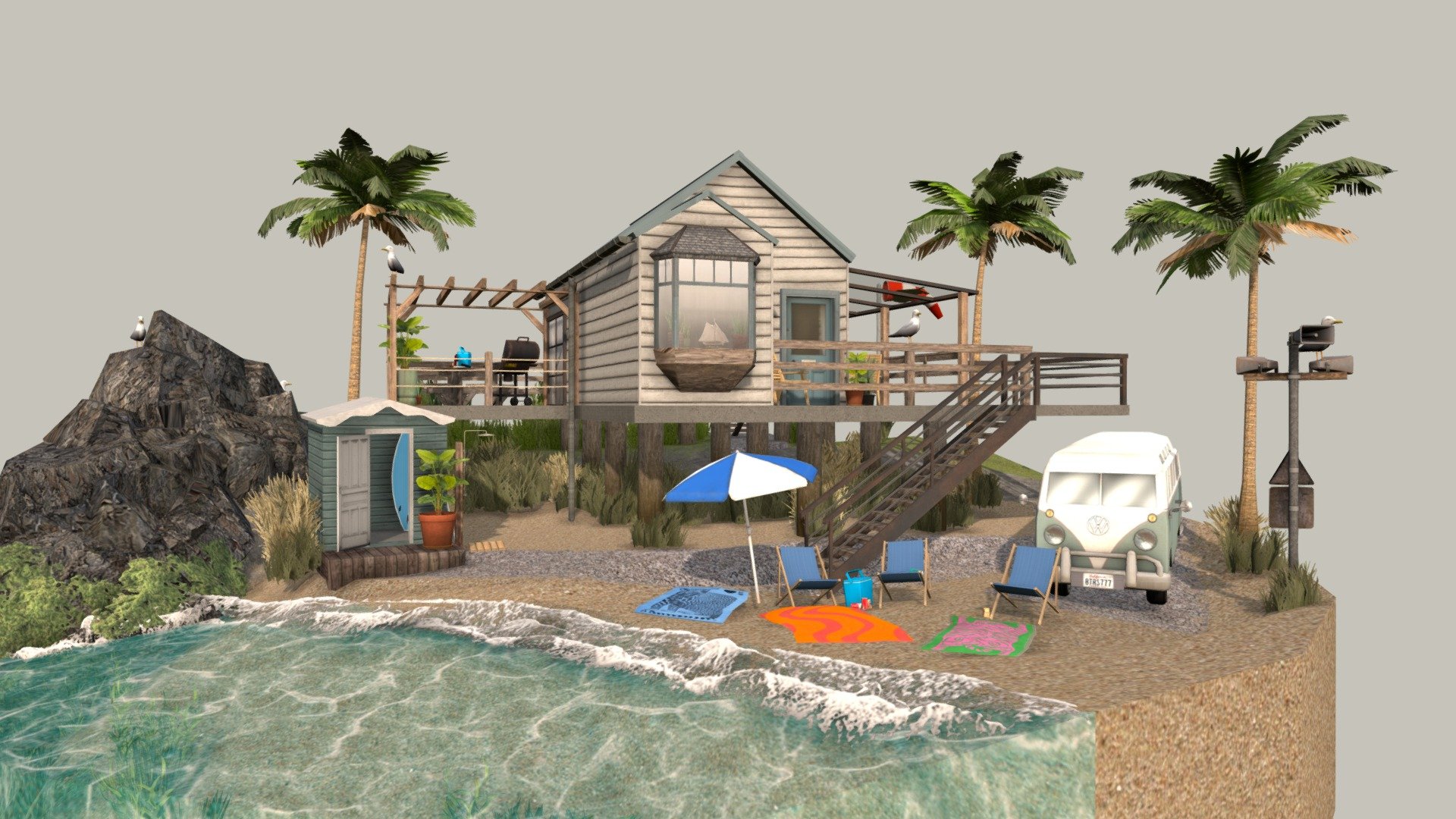 The result of my final for the 3D1 course at Howest DAE.

Everyone needs a break sometimes, that's why a group of friends meets up at this sunny Californian coast home once a year to escape each one of their busy worklives for a weekend filled with surfing, reading, continuing their D&amp;D campaign, sleeping and sunbathing.