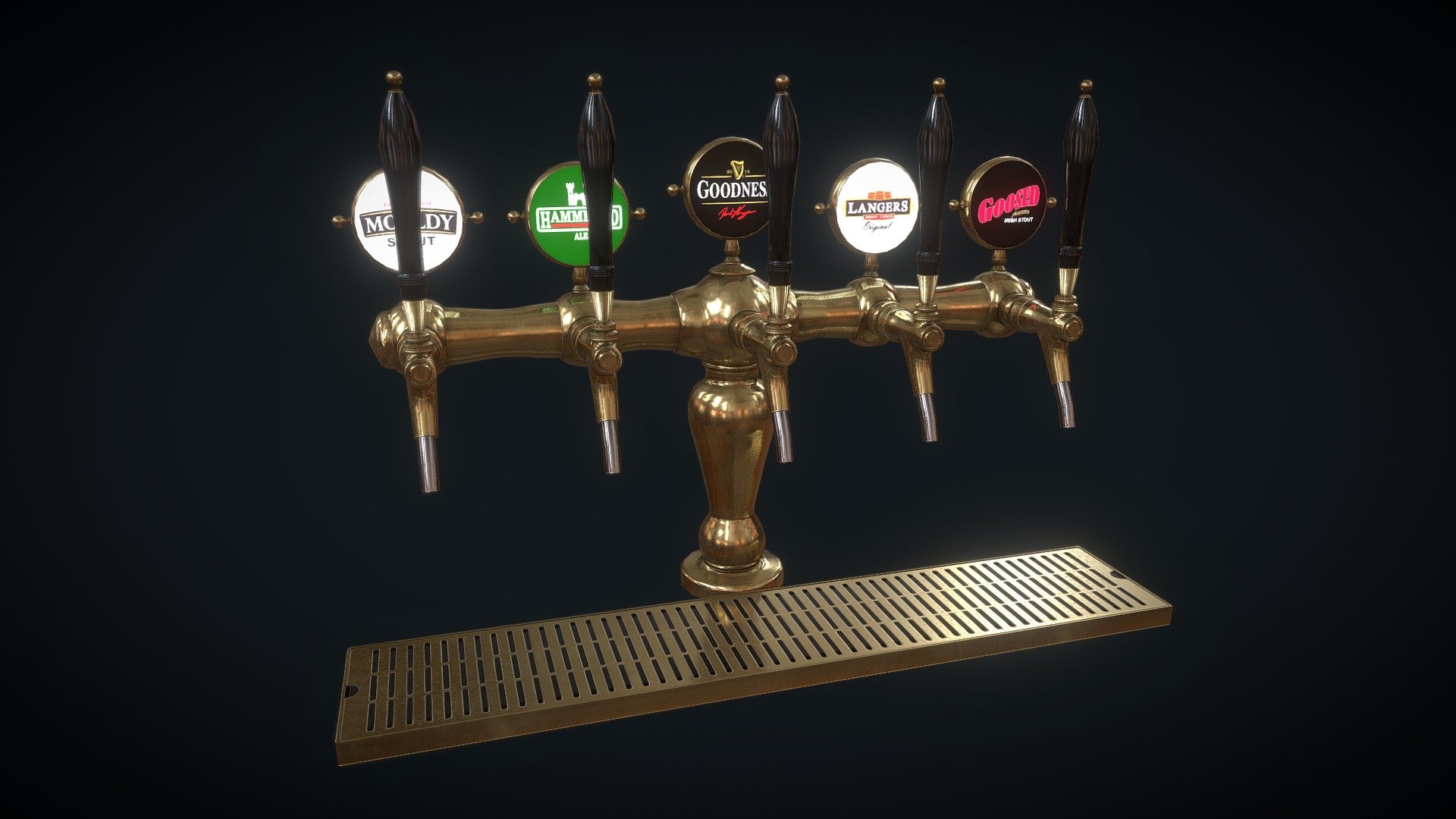 Beer taps dispenser, perfect for a bar or club enviornment. 

The beer dispenser has five taps with differint beer name logo's.  Each beer name logos has been named as Irish names for being drunk, just for fun.

PBR 4k textures