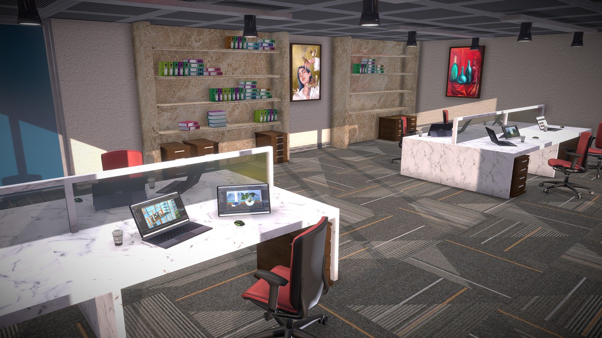 Office Room Work Place Cabin Environment Art

Source format- fbx
Uploaded Size- 14M
Download size- 13MB
Geometry
Triangles 3.5k
Quads 16k
Polygons 186
Total triangles 36.2k
Vertices- 20.3k
PBR- No 
Textures- 19
Materials- 19
UV Layers- Yes
Vertex colors- No
Animations- 0
Rigged geometries- No
Morph geometries- 0
Scale transformations- No

Architecture, Furniture &amp; Home,
Tags office room work cabin cabinet place officefurniture office_chair art environment workplace-table-model-render enviromental_asset