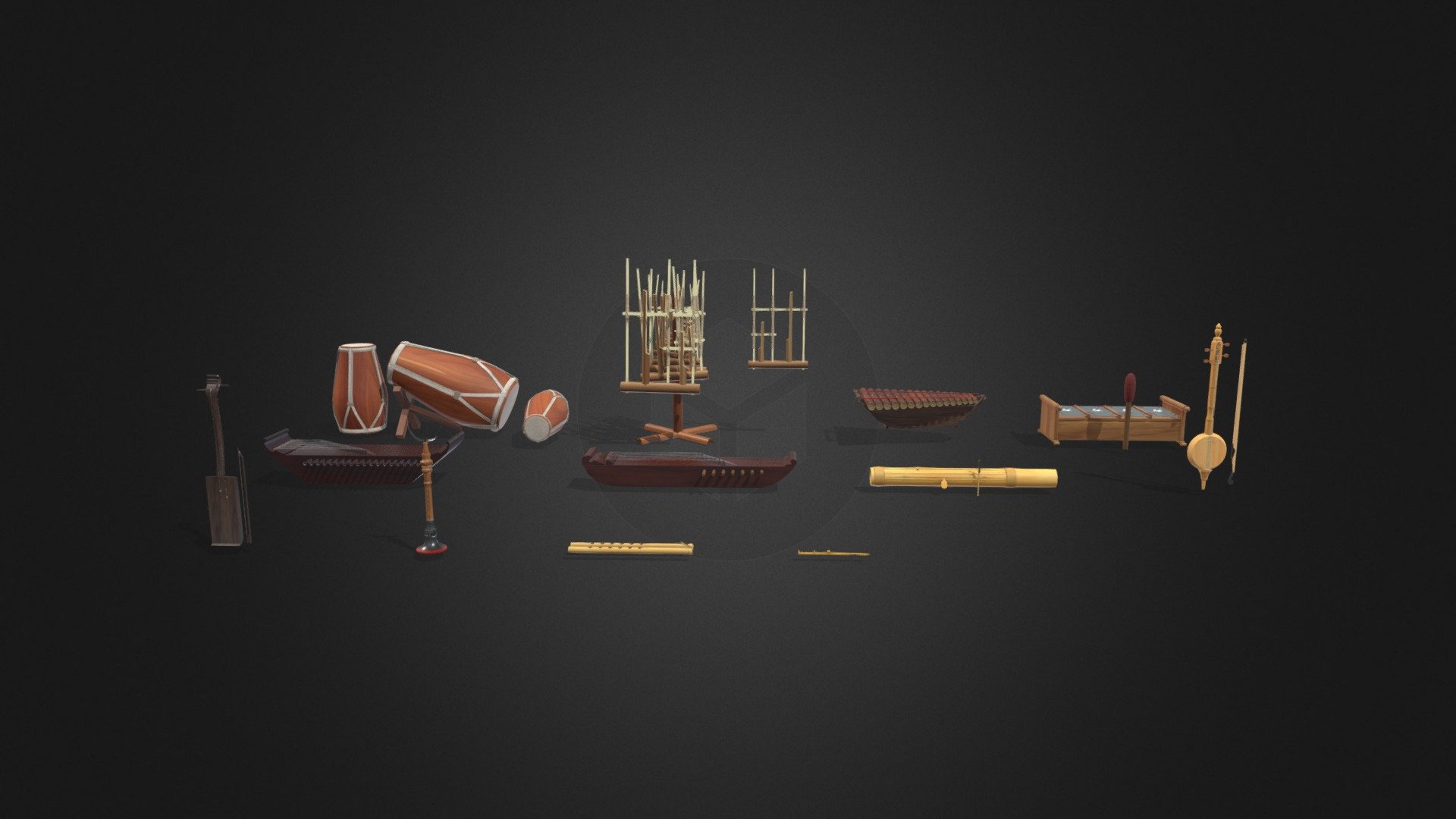 The province of West Java, where the majority of the people are Sundanese, is indeed known as a tribe that has a unique culture and musical instruments. Here I present some Sundanese musical instruments and here is the 3d model shown:
1. Kendang
2. angklung
3.calung
4. jenglong
5.kacapi
6. jenteng
7. celempung
8.rebab
9.tawangsa
10. Tarompet
11. Suling bambu
Suling bambu musical instrument is made of bamboo, which forms an elongated shape and has a hole so that it produces a melodious sound.

How to play it is by blowing on the end of the instrument, while closing the hole above it. There are six holes in this flute, but there are also four holes.




karinding
Karinding is one of the traditional Sundanese musical instruments which is played by flicking the tip of the index finger while affixed to the lips. This instrument is included in the type of lamellafon or idiophone. Usually made from palm fronds or from bamboo
