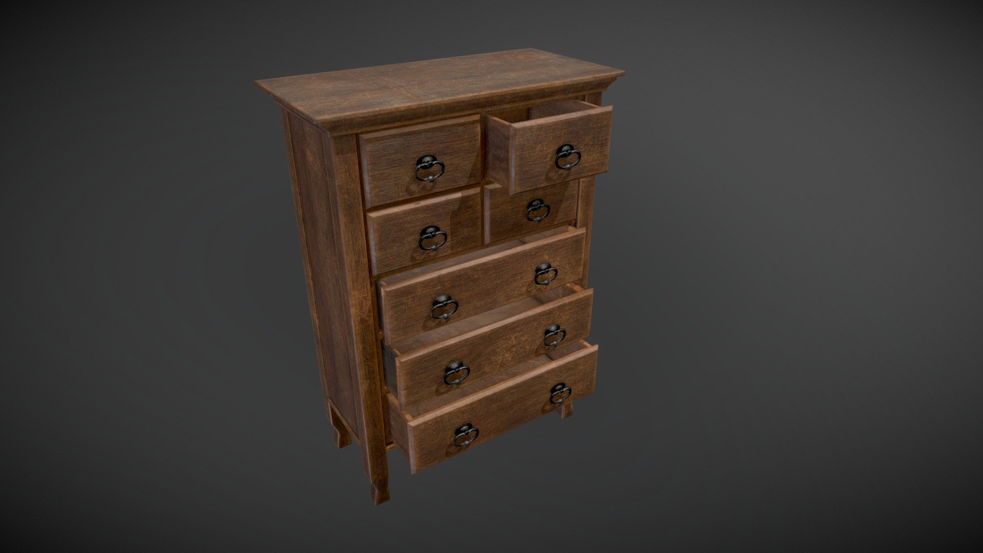 An old slighty used dresser with movable drawers for your environment szene.

Includes 1K and 2K texture sets (Albedo, Roughness, Metalness, AO, Normal).