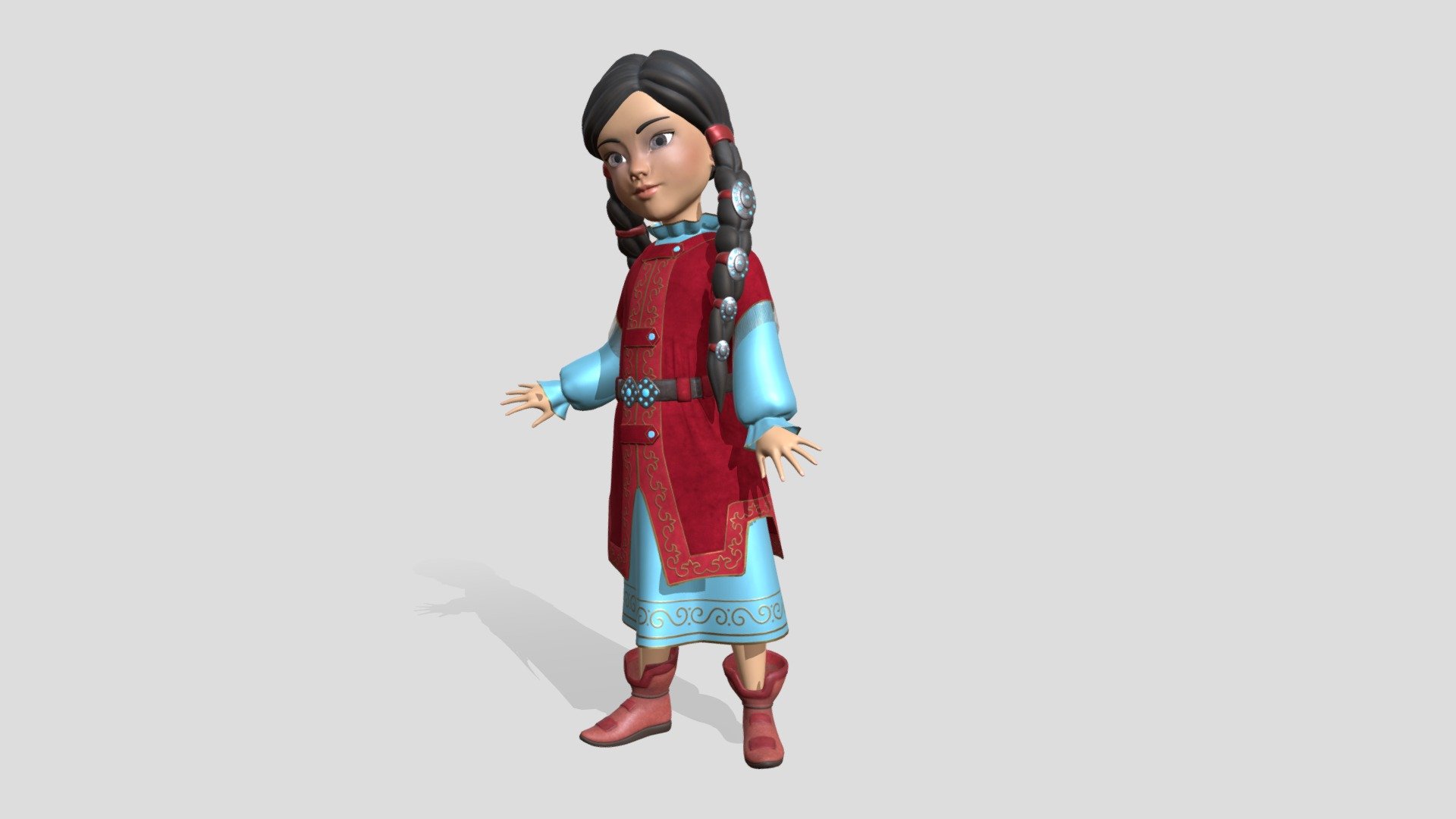 This is my first experience in creation a lowpoly character model from a hipoly model. 
The Little girl wearing festive clothing - kazakh traditional costume - a velvet jacket with pattern embroidered with gold threads, a silk dress with similar pattern, leather boots, a leather belt, a silver belt buckle, silk ribbons with silver decorations for braids

Kazakh cultural heritage is reflected in its national dress. Life on the steppe and various nomadic religious beliefs influenced traditional Kazakh clothing—it was practical in that it protected from the cold and windy weather, was comfortable to wear on horseback, and was also made of natural materials. The quality of clothes and their individual elements also made it possible to ascertain the social status of a Kazakh and the family or clan to which he belonged. Traditionally, poorer people wore clothes made from the skins of wild animals while the rich sometimes made theirs from imported materials such as silk and velvet.