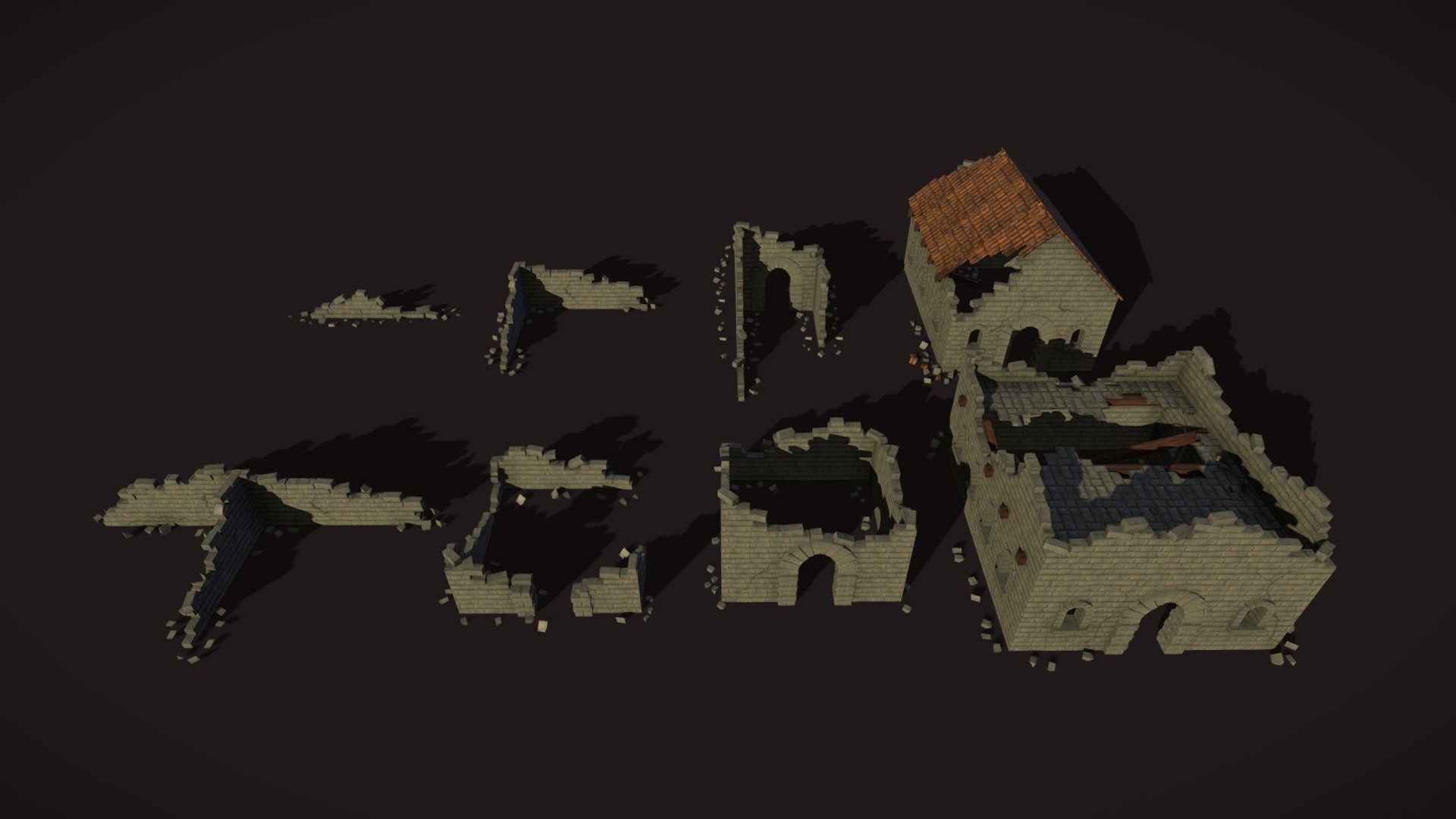 This modular pack contain 8 ruin assets. I hope you like it!

All the textures except for cracks are seamless so you can use easily if you want create some diferent models.

Contains 4 materials, bricks, ground tiles, roof tiles and cracks.

If you like it please leave a like, I really appreciate it!

If you have any iusse or cuestion you can reach me via artstation using this link: https://www.artstation.com/toni_garcia or the link in my profile!

Thank you!