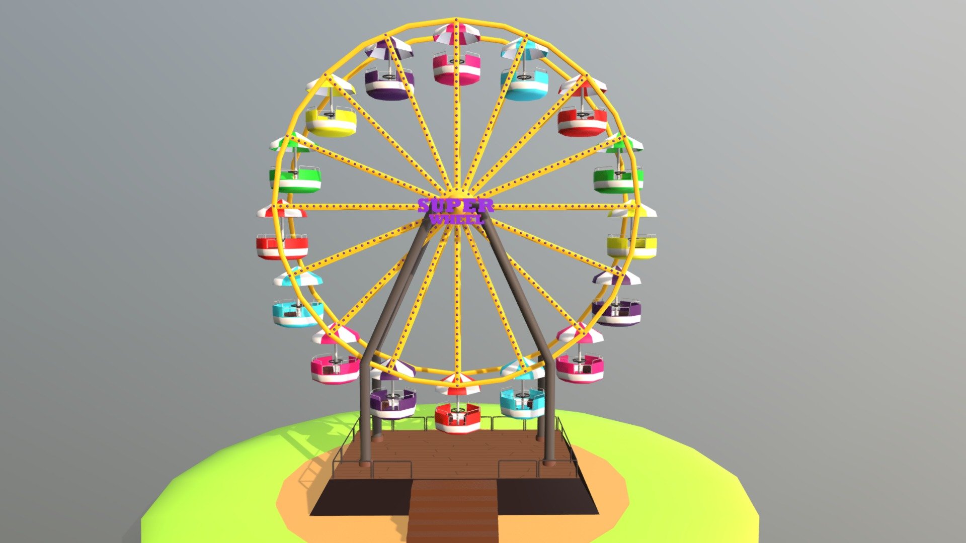 This Ferris wheel is medium/low quality 3D model. That will enhance detail to any of your rendering projects. . The model has a fully textured and detailed design that allows for close-up renders, and was originally modeled,texturized in Autodesk Maya 2018 and rendered with Arnold. The model have Uvs done and it contains all the textures. It very cute model it has colourful cabins(red,blue, yellow purple, green and pink).

This model can be used for any type of work as: low poly or high poly project, videogame, render, video, animation, film…This is perfect to use like a part of a amusement park scene or for a postcard image with other decoration such as the carousel that you could see in my profile too…

This contains a .mb maya file, .obj , .fbx. and .zip with all the textures.

I hope you like it, if you have any doubt or any question about it contact me without any problem! I will help you as soon as possible, if you like it I will aprecciate if you could give your personal review! Thanks