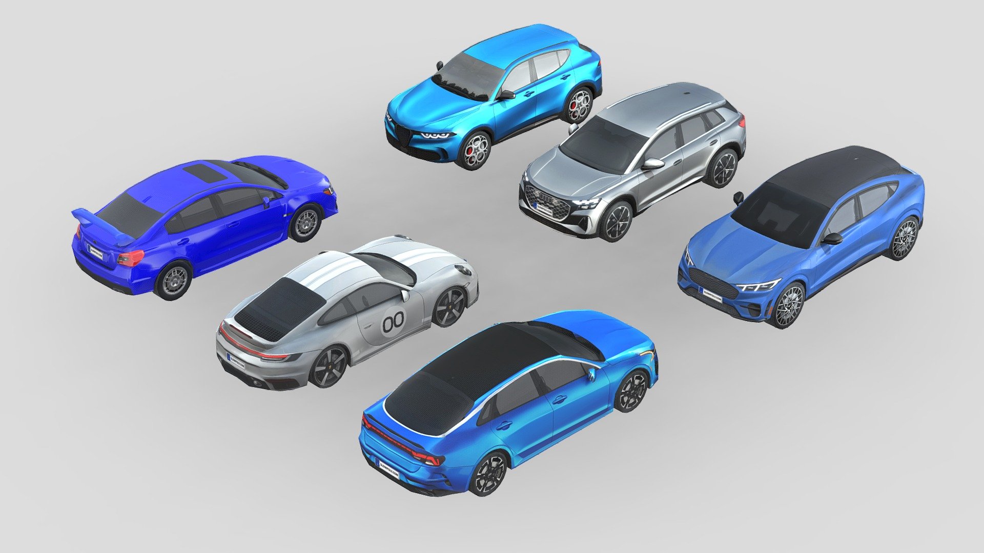 Our best low-poly car collection! Each car in this collection is carefully crafted, offering perfect topology and geometry. This ensures seamless integration into your projects.

With a low-poly concept, all cars deliver a visually stunning experience, complete with amazing details. This is made possible by pre-rendered textures that enhance realism optimally.

What’s included in this collection: - Alfa Romeo Tonale 2023 - Audi Q4 e-tron - Ford Mustang Mach-E GT 2021 -Kia K5 2022 - Porsche 911 Sport Classic 2023 - Subaru Impreza WRX STI 2015

By purchasing this collection, you will get high-quality low-poly assets, a perfect blend of quality and unbeatable affordability!