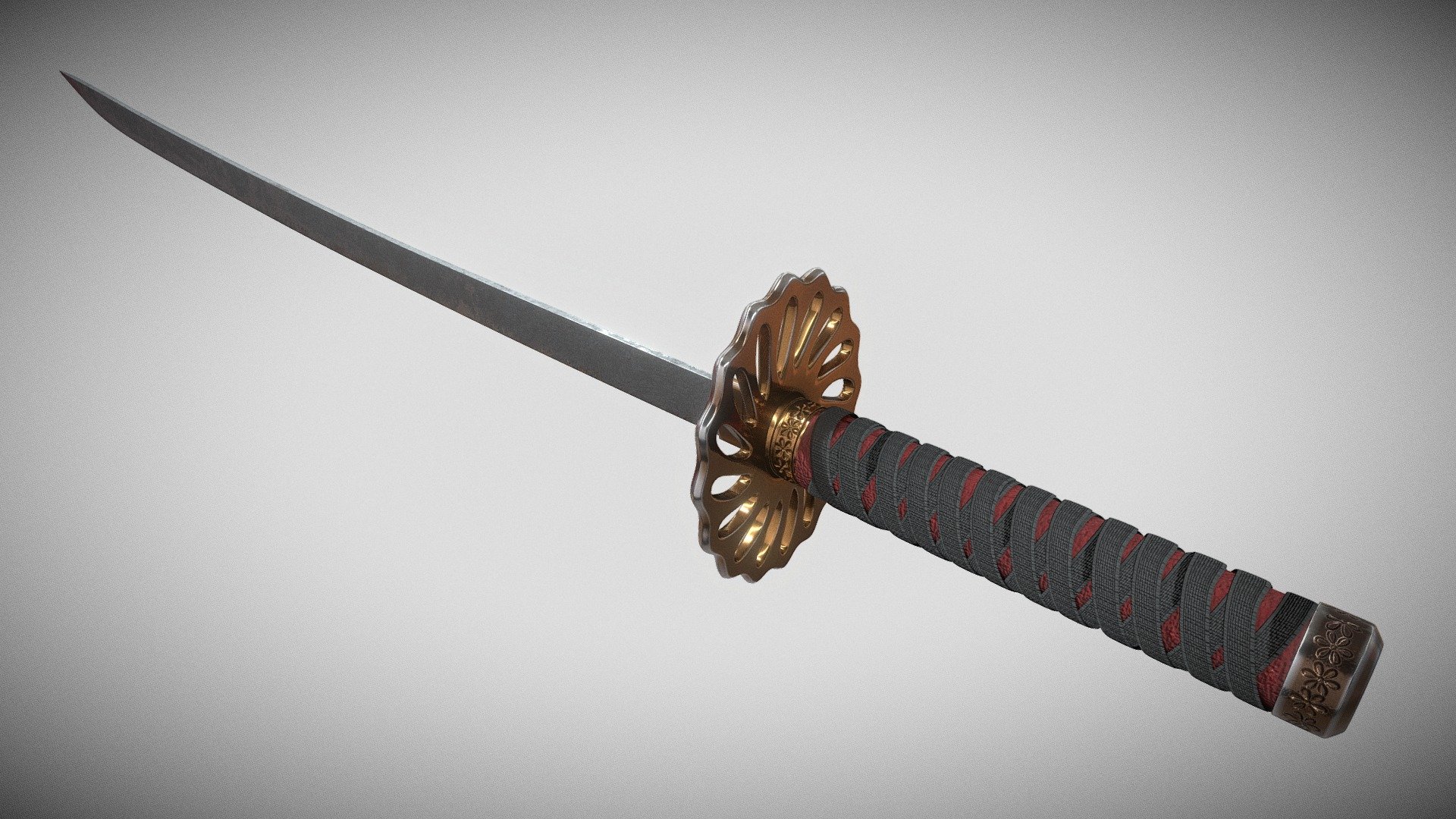 A katana (刀, かたな) is a Japanese sword characterized by a curved, single-edged blade with a circular or squared guard and long grip to accommodate two hands. Developed later than the tachi, it was used by samurai in feudal Japan and worn with the edge facing upward. Since the Muromachi period, many old tachi were cut from the root and shortened, and the blade at the root was crushed and converted into katana.The official term for katana in Japan is uchigatana (打刀) and the term katana (刀) often refers to single-edged swords from around the world.