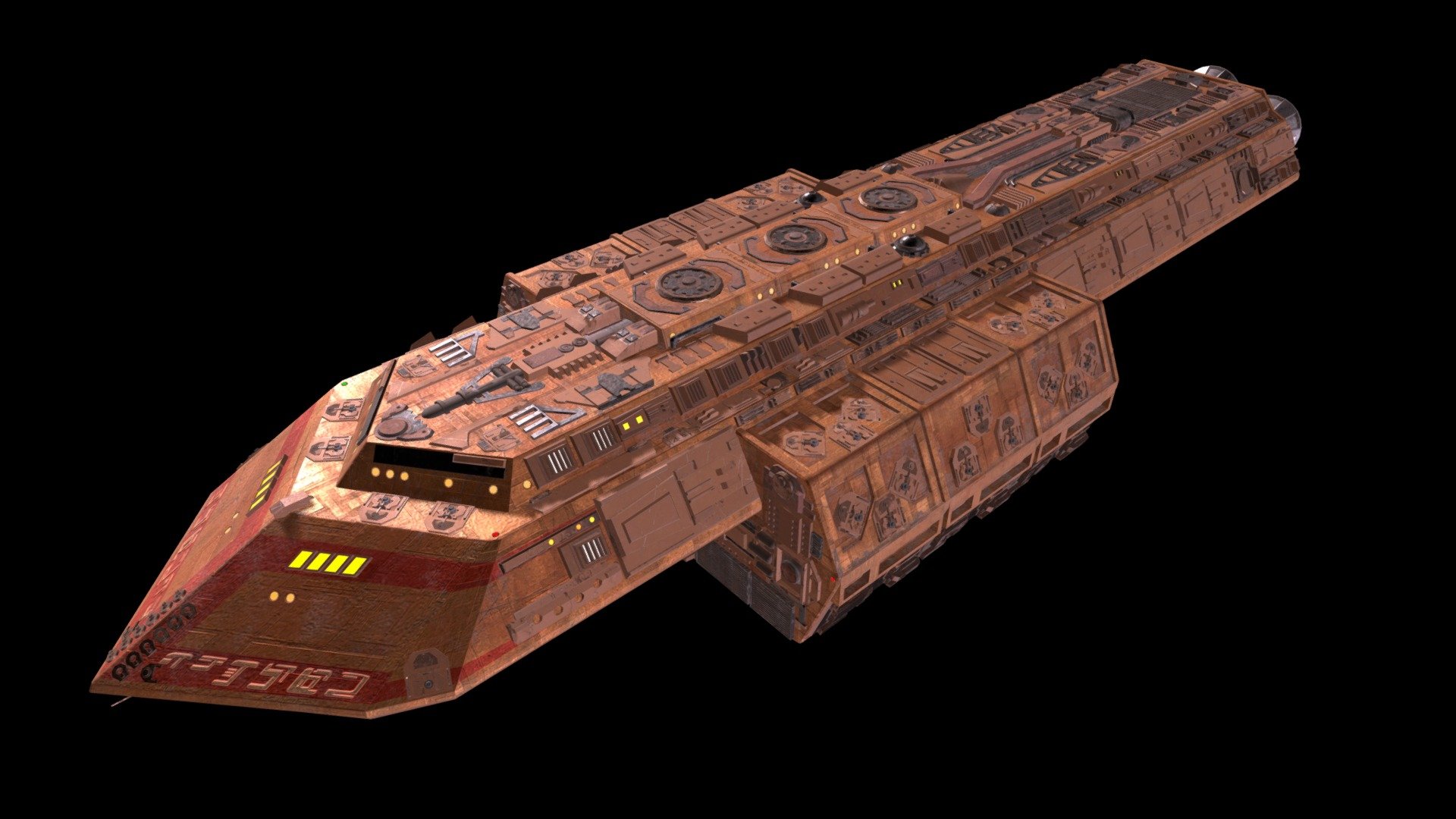 My 3D model of the Batris, a Talarian freighter/cargo ship. This ship design premiered in Star Trek: The Next Generation. Original design built by Greg Jein.
