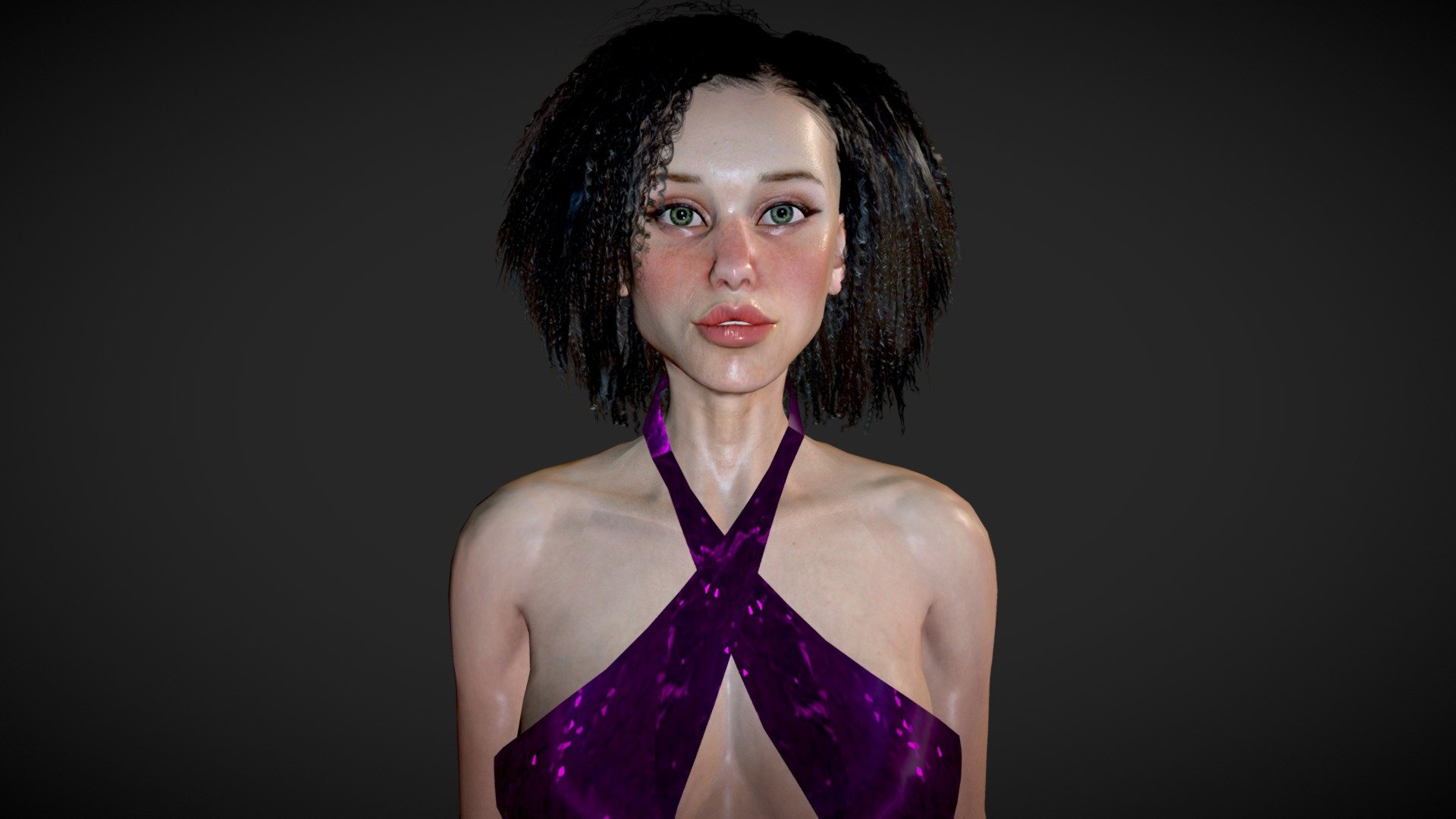 Cute girl with fizzy hair in purple dress.