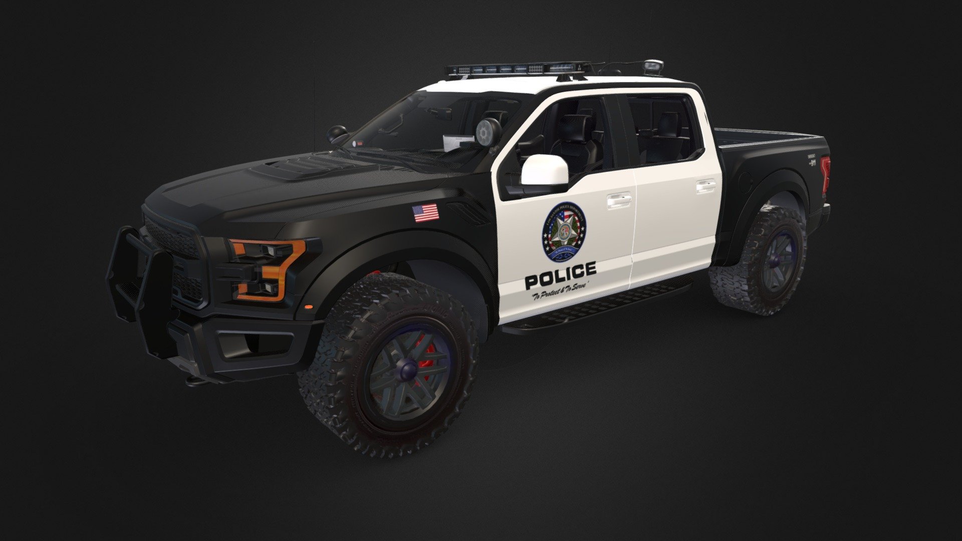 The Ford Raptor Police 3D model is designed as a police vehicle with superior performance and safety features. This vehicle can reach high speeds and provide superior driving experience even in challenging terrain, making it suitable for use in the demanding tasks of police departments.

The exterior design of the model is inspired by the aggressive and sporty look of the Ford Raptor. As a police vehicle, it is equipped with red and blue flashing lights, sirens, and other emergency equipment. In addition, the body of the vehicle is adorned with the police department's logo and other identifying marks.

The Ford Raptor Police 3D model can be used for many different purposes. For example, it can be used in digital animations, advertising films, games, and educational materials. Additionally, it can be used for simulations of real-life police vehicles.
.
I have released my model for free due to some texture errors. Please feel free to share your thoughts and comments about this model