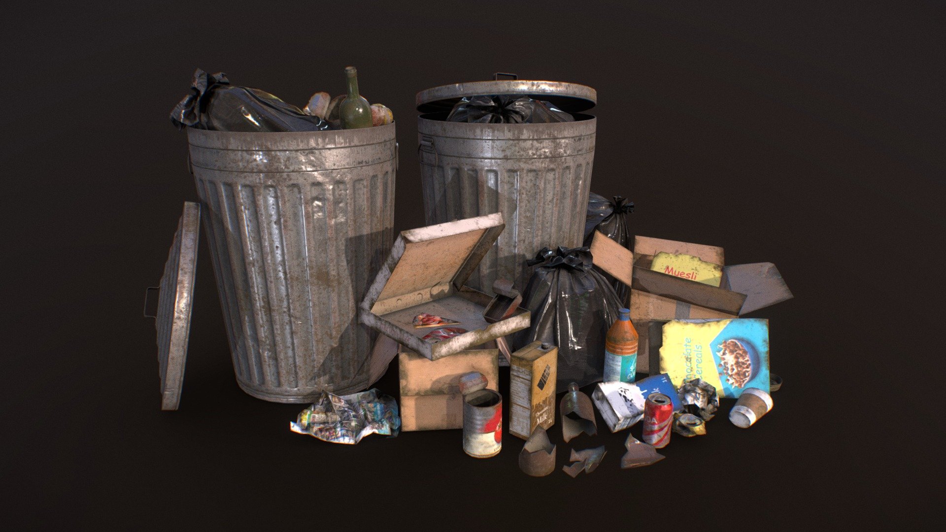 Low Poly urban street trash pack available on Fab: https://www.fab.com/listings/fdf65574-882d-4ffc-9115-ca5cbf4d6b25




Game Ready

The unit of measurement used is centimeters

PBR Materials with 4k textures (1 set for all small props with 2 different levels of dirt, 1 for Garbage Bags with 3 different colors and 1 for Trash Can with 2 levels of dirt)

Albedo, Normals, Metalness, Roughness, AO and Opacity

This pack includes: 




Trash Can

Urban Trash: 3 carboard boxes - 2 cereal boxes - 3 cartons of milk - 4 types of paper with 4 levels of crumpling - 4 types of tins - 1 coffee cup with lid - 2 wine bottles - 2 broken bottles - 3 colors of soda cans with 4 levels of crushing - 2 plastic bottles - 1 pizza box with 1 piece of pizza

2 Garbage Bags

2 files included:




Urban Trash Pack Vol.1 Scene - Objects represented as seen in renders

Urban Trash Pack Vol.1 Set - All objects included in pack

Also included in Trash Pack Vol.2 &amp; 3


