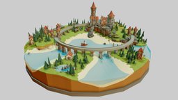 Circle bay Castle (Scene) scene, mini, landscape, castle, land, knights, scenery, rocks, buildings, miniature, outdoor, diorama, farm, low_poly, low-poly, lowpoly, low, fantasy, simple, bridge