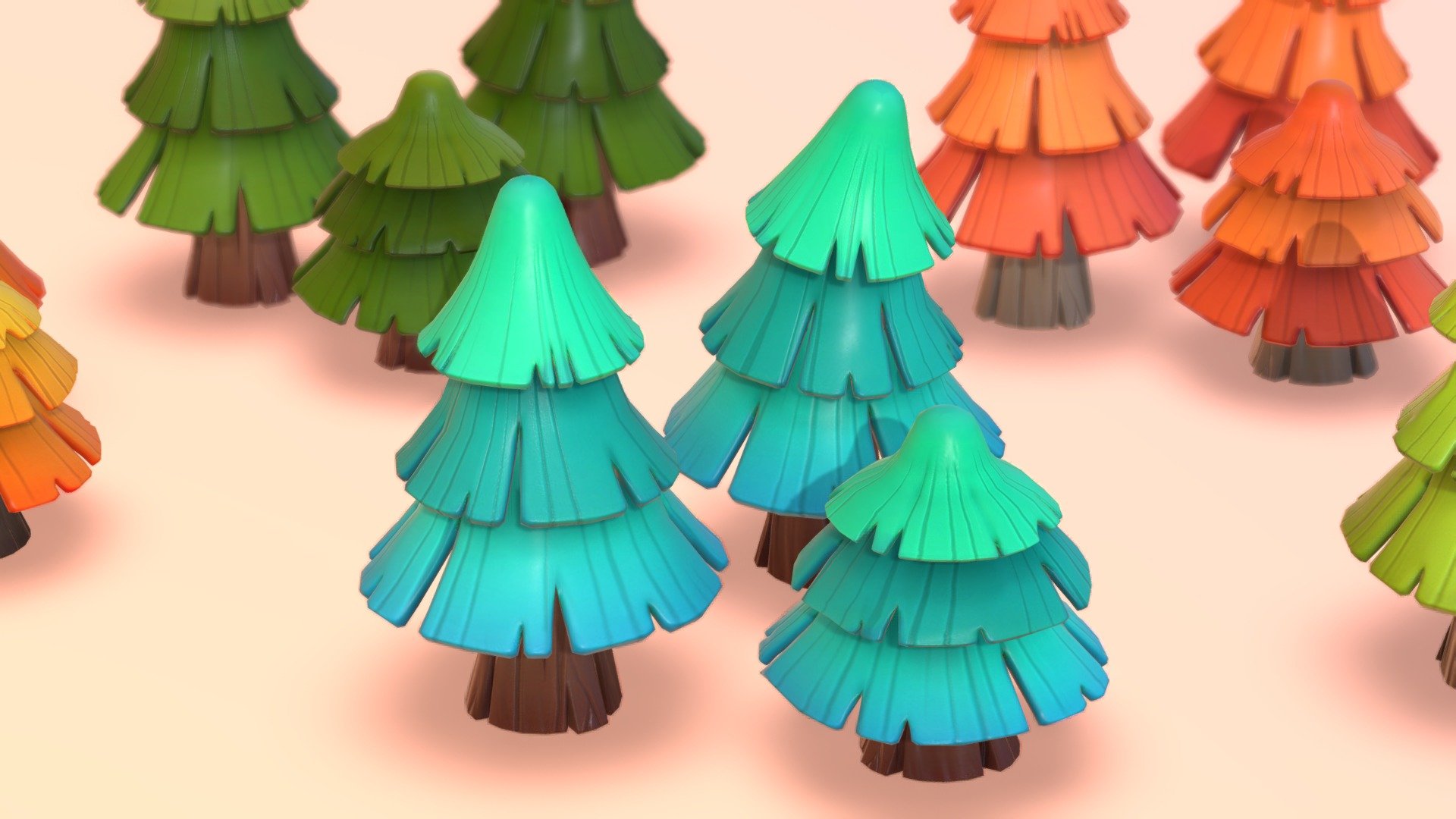 stylized  pine trees.

Bring the beauty of nature to your next project with this stylized colorful Trees Pack!
A pack of 15 cute stylized and toony Pine Tree models with PBR material. 
Also works unlit

There are more assets  to add to your game scene or environment. Check out my sale.
If you need more assets in this style. contact me.

**I also accept freelance jobs. Do not hesitate to write me. **

*-------------Terms of Use--------------

Commercial use of the assets  provided is permitted but cannot be included in an asset pack or sold at any sort of asset/resource marketplace.*