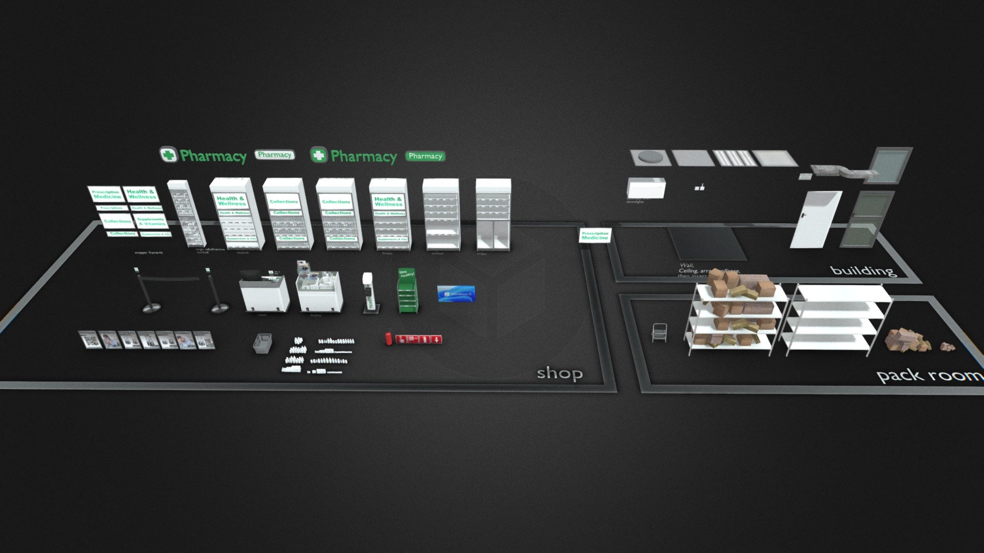 Pharmacy or drugstore kitbash items include
stock, drugs, pills
units, unitry, cupboards, shelves
tills, screens, electronics, 
store, ac, floors, roof elements. 
much more