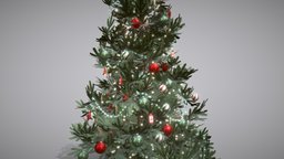 Christmas tree in old style tree, green, red, winter, toys, christmas, detailed, realistic, traditional, english, decorations, spruce, fir, woodbox, christmastree, newyear, garland, 3d, model, interior