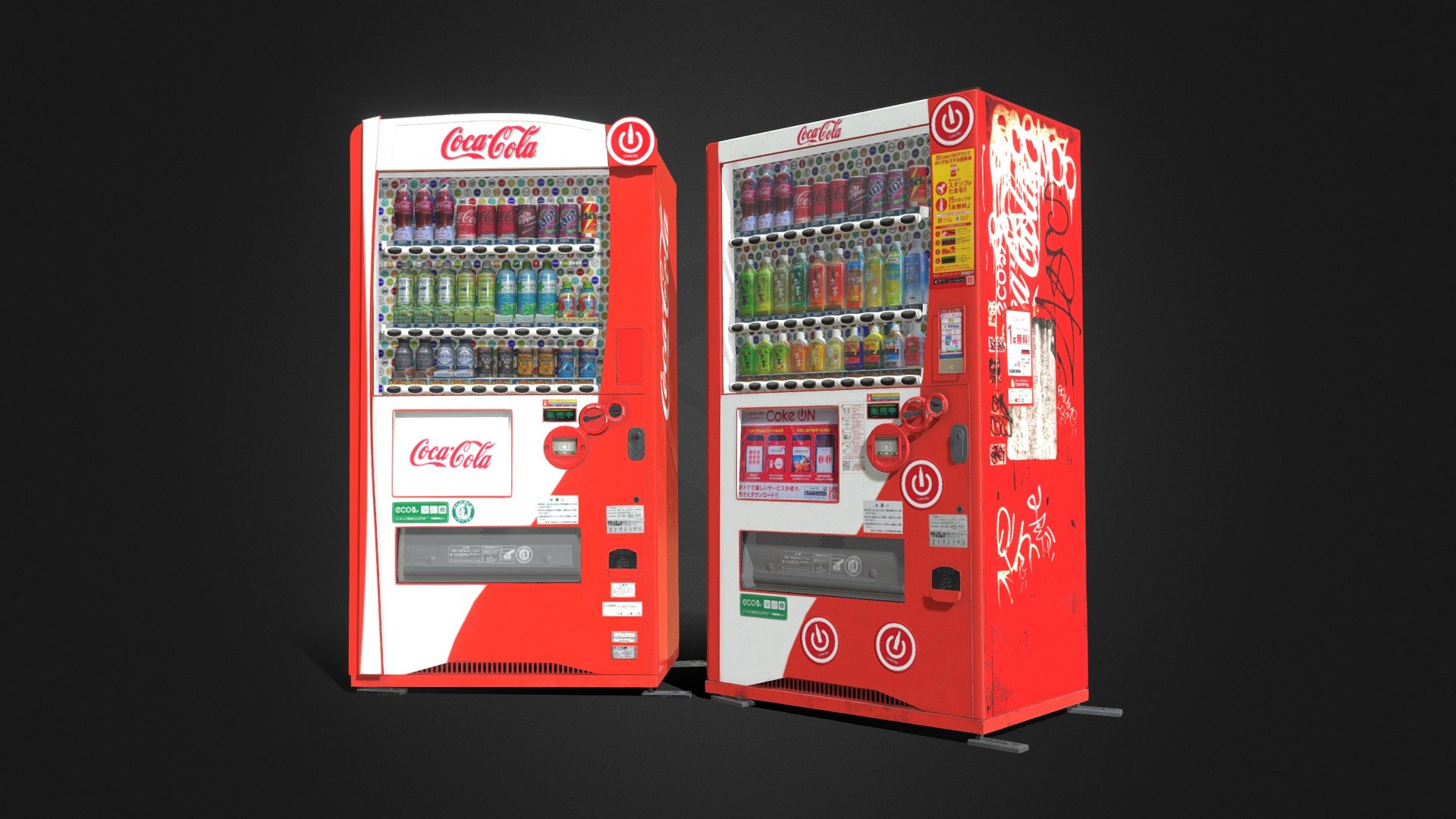 Buy this model: https://bit.ly/CokeVendingMachinePack

Pack of 2 Japanese Coke Vending Machines, one worn and with graffiti, the other one clean and shiny, both can be found in Japanese streets with a variety of beverages. Each Machine has two materials, one for the drinks and the other one for the machine itself. Textures are 4K resolution, PBR workflow.