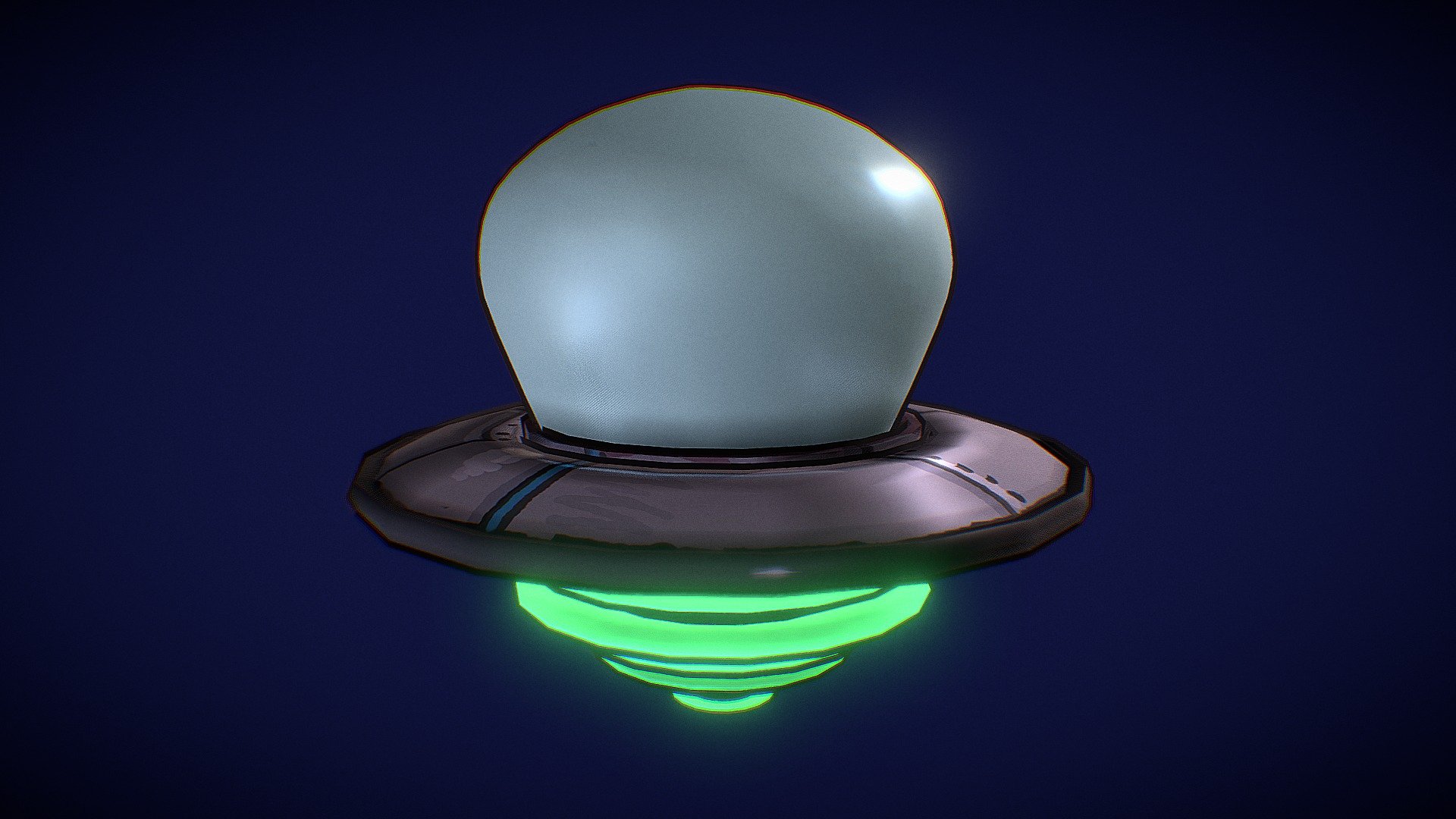 this is a simple cartoon ufo with filped normal outlines made in maya and blender. it has hand painted textures and light up hologram rings.