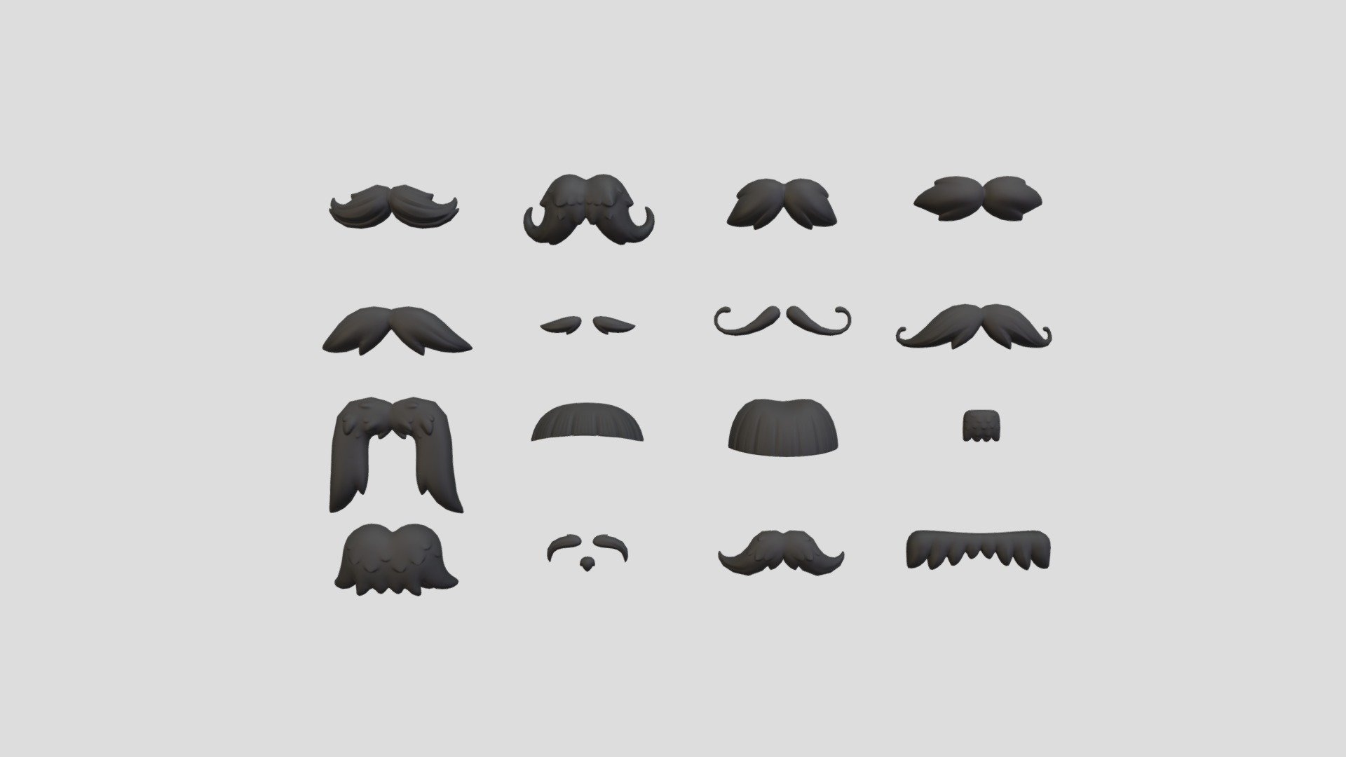 Mustache 3d model pack.      
 
16 models.
3ds max 2020 , FBX and OBJ files    
 


Clean topology                      

Non-Overlap UVs                     
 


Textures include                     

- Base Color                        

- Normal                            

- Roughness                         



2048x2048 PNG texture               
 


Mustache01  412 poly 

Mustache02  686 poly 

Mustache03  734 poly 

Mustache04  682 poly 

Mustache05  534 poly 

Mustache06  720 poly 

Mustache07  440 poly 

Mustache08  578 poly 

Mustache09  864 poly 

Mustache10  700 poly 

Mustache11  606 poly 

Mustache12  260 poly 

Mustache13  922 poly 

Mustache14  930 poly 

Mustache15  522 poly 

Mustache16  734 poly 
