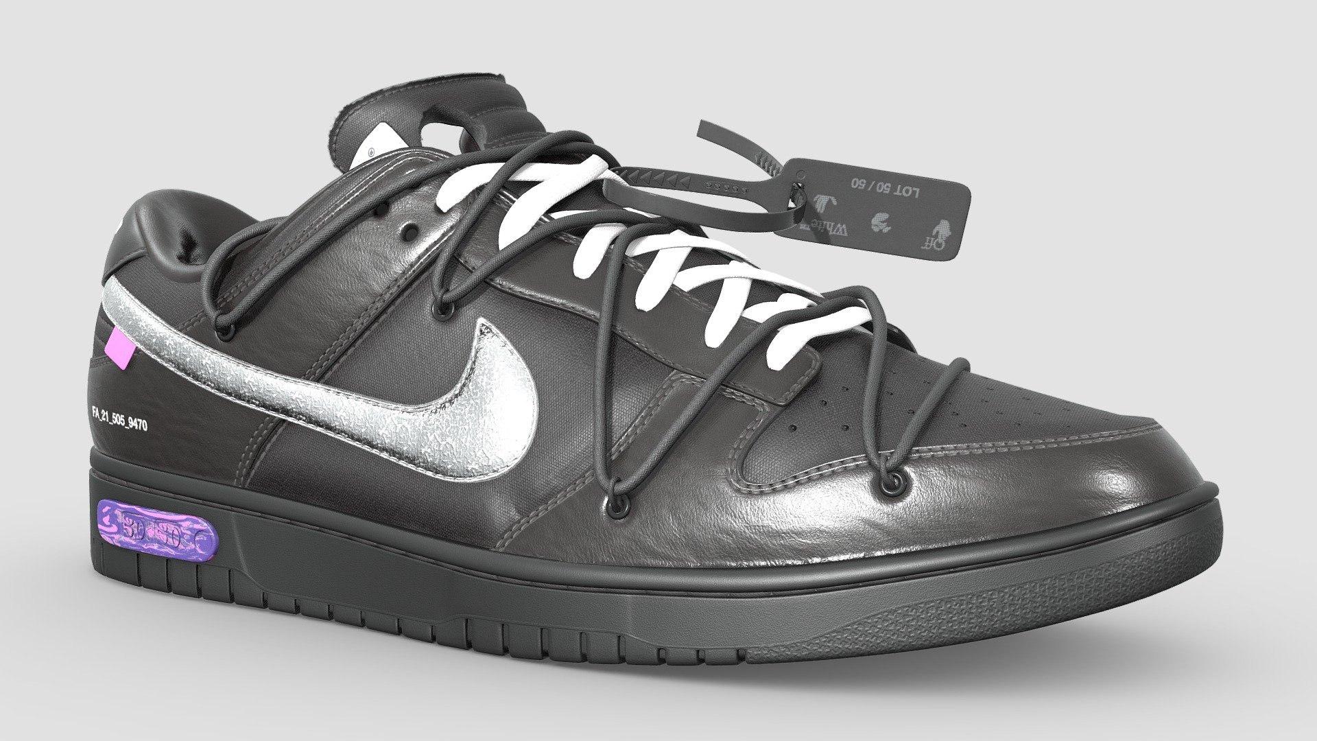 Off White collaboration with Nike on a Dunk Low, made in Blender, textured in Substance. Released in 2021. Panels of black leather complement black canvas, all highlighted by a metallic swoosh and accents of purple.

Every detail was made in the recreation of this shoe, from the text on the medial side of the shoe to the subtlety of each material, nothing went overlooked. Stitches were sculpted by hand to achieve the highest quality, and the frayed edge on the tongue of the shoe was created such that there would be no gap between the canvas fabric and foam

What's included Firstly, two versions of this model. The base version with 4 texture sets, and a One Mesh version that uses only 1 texture set. Both models are identical, only how they are unwrapped is different. There are two texture sets, with 4 maps, namely: Base Color, Metallic, Normal, and Roughness. I have included several other versions, such as High and Low Poly shoes All textures are 4096x4096. Meaning the One Mesh version has 4 2048x2048 textures