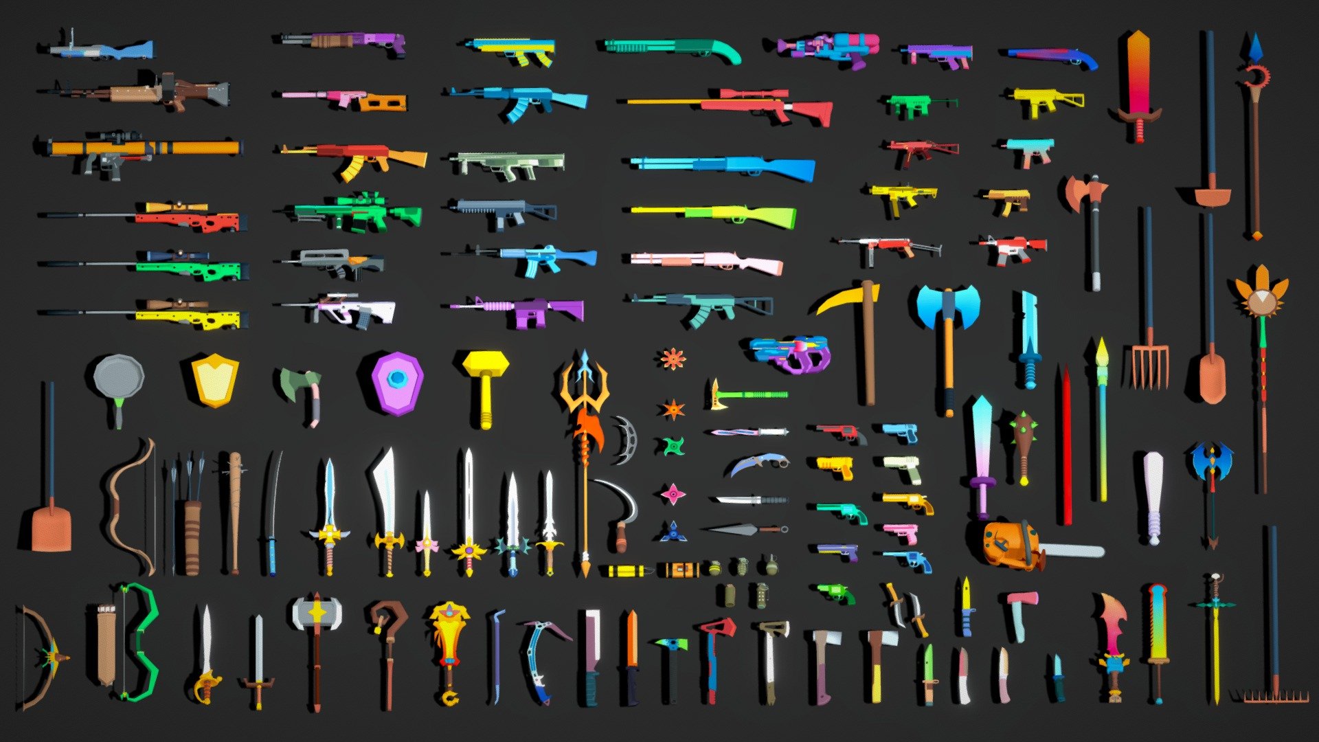 We are very excited to bring the low poly Weapons Mega Pack collection to you. Almost all types of 120+ weapons are covered in this Jumbo weapon pack.
All weapons models are game-ready assets and can be used in any 3d game which uses weapons.
A cartoon color theme was used for all these assets. You can also change the colors of the models and make so many variants by changing the color palate texture.
This pack fulfills your all weapon desires and needs as it includes Ancient weapons like Swords, Spears, Axe, Javelins, Bows, Arrows, Hammers, Mace, ninja stars (shuriken), knives, sai, tridents, etc, and also guns, tools, shields, sci-fi weapons,  Bombs, Mortar, and many more.

All the asset objects are originally modeled in a blender. Enjoy this low-poly Weapon Mega asset pack collection to make your game or cartoon-styled rendering or any other purpose of your choice. Don’t forget to leave a comment if you like this pack. Thank you
