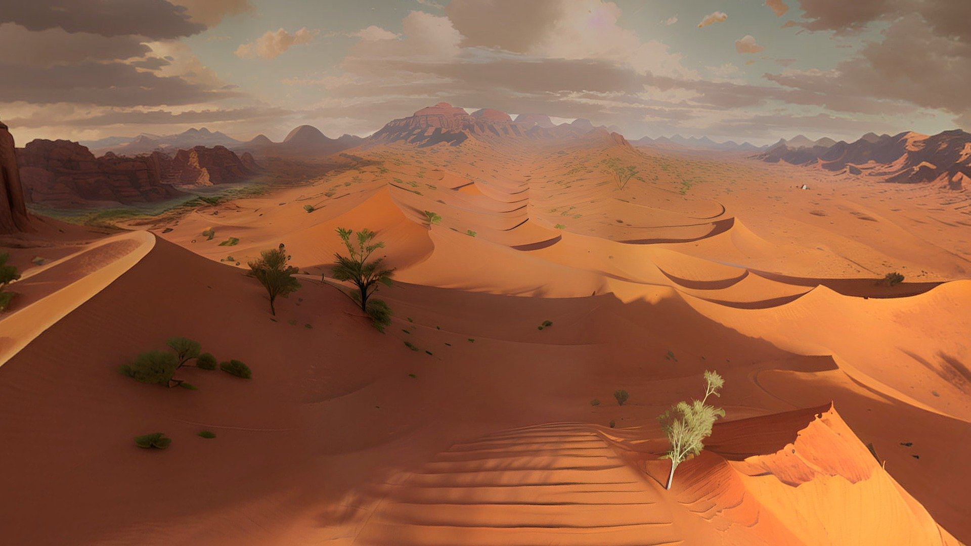 Step into the captivating world of our 3D desert environment, a panoramic vista that unfolds in every direction. Immerse yourself in the vast expanse of golden sands stretching as far as the eye can see, the undulating dunes casting mesmerizing shadows in the sun's warm embrace.

With a 360-degree panorama view, you'll find yourself surrounded by the rugged beauty of this arid landscape. The shifting sands create an ever-changing masterpiece of curves and lines, painted by the winds that have shaped them over millennia.

As you turn in every direction, the horizon seems to stretch endlessly, a testament to the vastness of nature's canvas. The immersive 3D experience allows you to virtually traverse the dunes, taking each step through the sands as if you were truly there.

Beautiful stylized winter(Journey into the Dunes) skybox. Perfect for beautiful, stylized environments, AR,VR and your rendering scene.

panorama texture: 6144 x 3072

used: AI, Photoshop