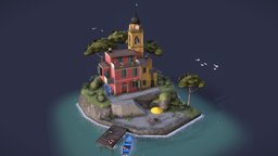Cinque Terre - Low Poly Diorama dae, trees, fish, fishing, life, pine, clock, animals, italy, ocean, italian, salmon, sunny, diorama, seagull, water, beach, raft, warm, clocktower, howest, terre, daehowest, cinque, liferaft, cinqueterre, oceanlife, stone, sea, boat, daehowest2022, daehowest2023, stone_pine