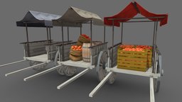 Old Cart with Food food, wooden, toon, style, wheels, vintage, retro, medieval, cart, antique, old, carriage, cartoon, pbr, car, wood, anime, usdz, glt