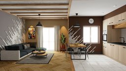 Living-room + Kitchen - Baking room, modern, baking, appartment, b3d, baked, furniture, vr, ar, kitchen, living-room, interior-design, design, interior, livingroom, noai