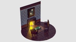 Baroque Interior with Fireplace scene, fireplace, victorian, sofa, wine, prop, painting, furniture, table, 4k, ornaments, baroque, rich, cozy, calm, rokoko, asset, game, blender, pbr, chair, house, home, wood, decoration, dark, interior, environment, mantion