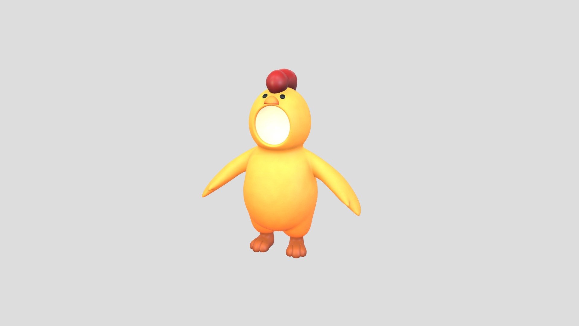 Chicken Suit 3d model.      
    


File Format      
 
- 3ds max 2023  
 
- FBX  
 
- OBJ  
    


Clean topology    

No Rig                          

Non-overlapping unwrapped UVs        
 


PNG texture               

2048x2048                


- Base Color                        

- Normal                            

- Roughness                         



3,190 polygons                          

3,278 vertexs