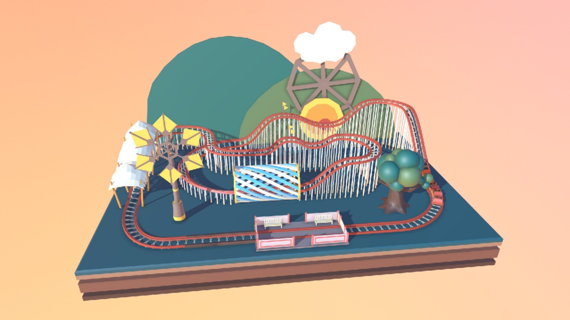 I really wanted to create an animated scene with blender and share it on sketchfab. So finally I did it! Here is a rollercoaster themed diorama with some animated elements. I learned a lot during the creation process and I hope you like the result. :)